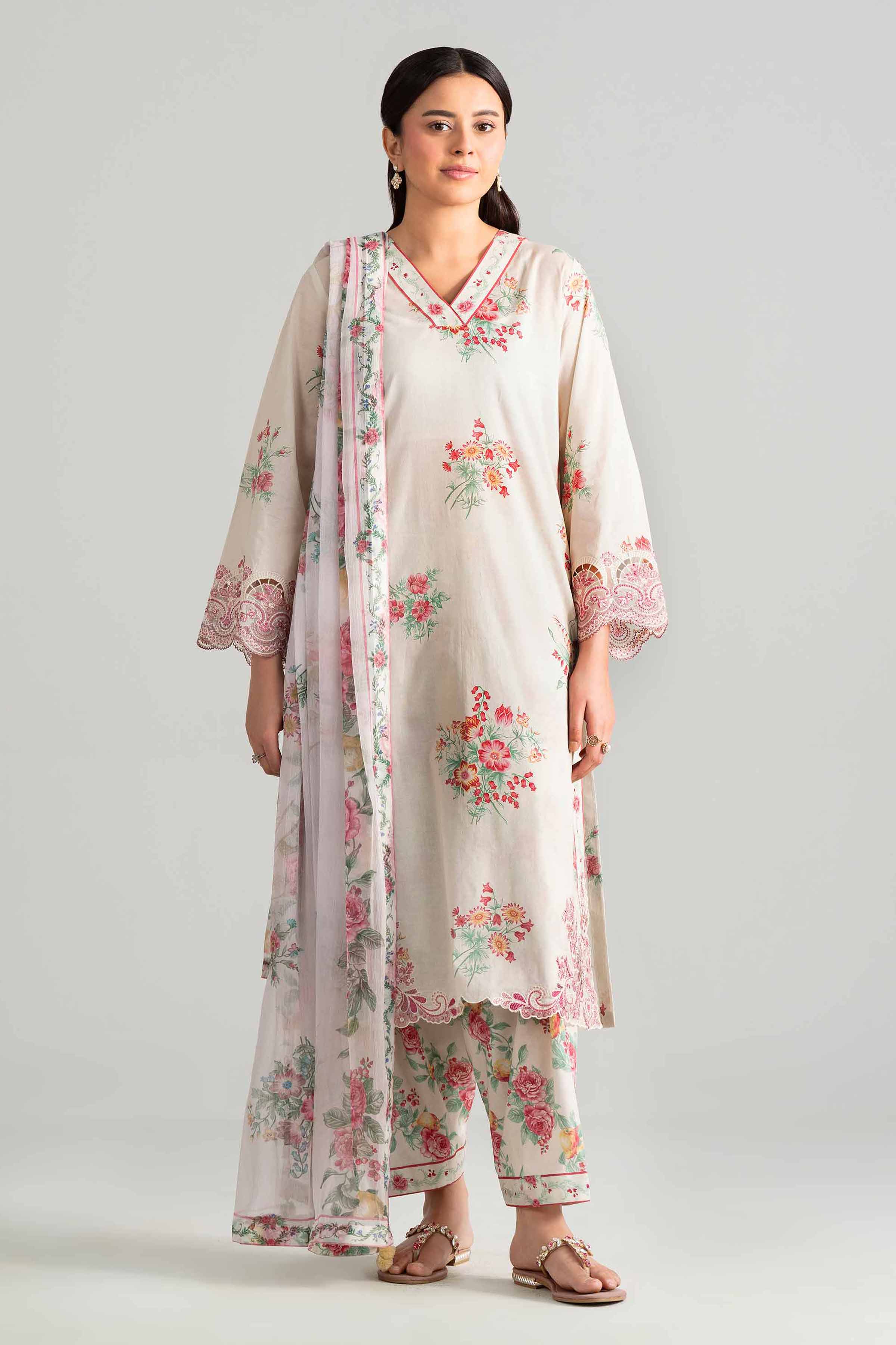 3 Piece - Digital Printed Embroidered Suit - 42601912 Beige Lawn 3PC Embroidered