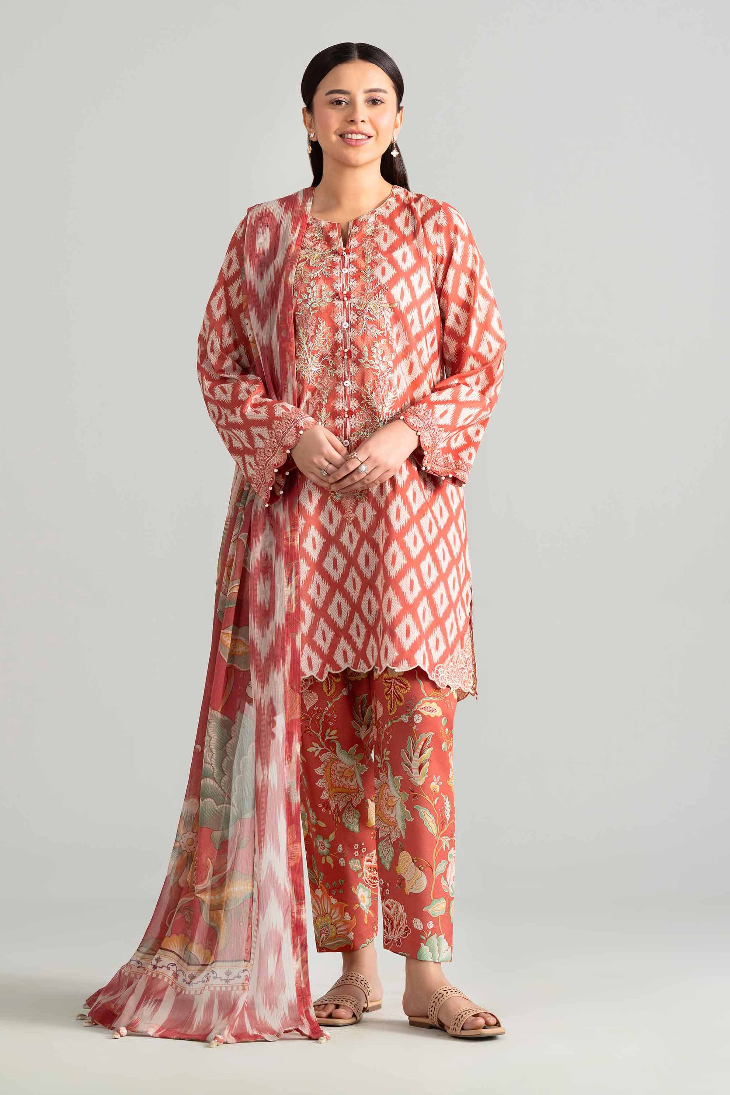 3 Piece - Digital Printed Embroidered Suit - 42601915 Brown Lawn 3PC Embroidered