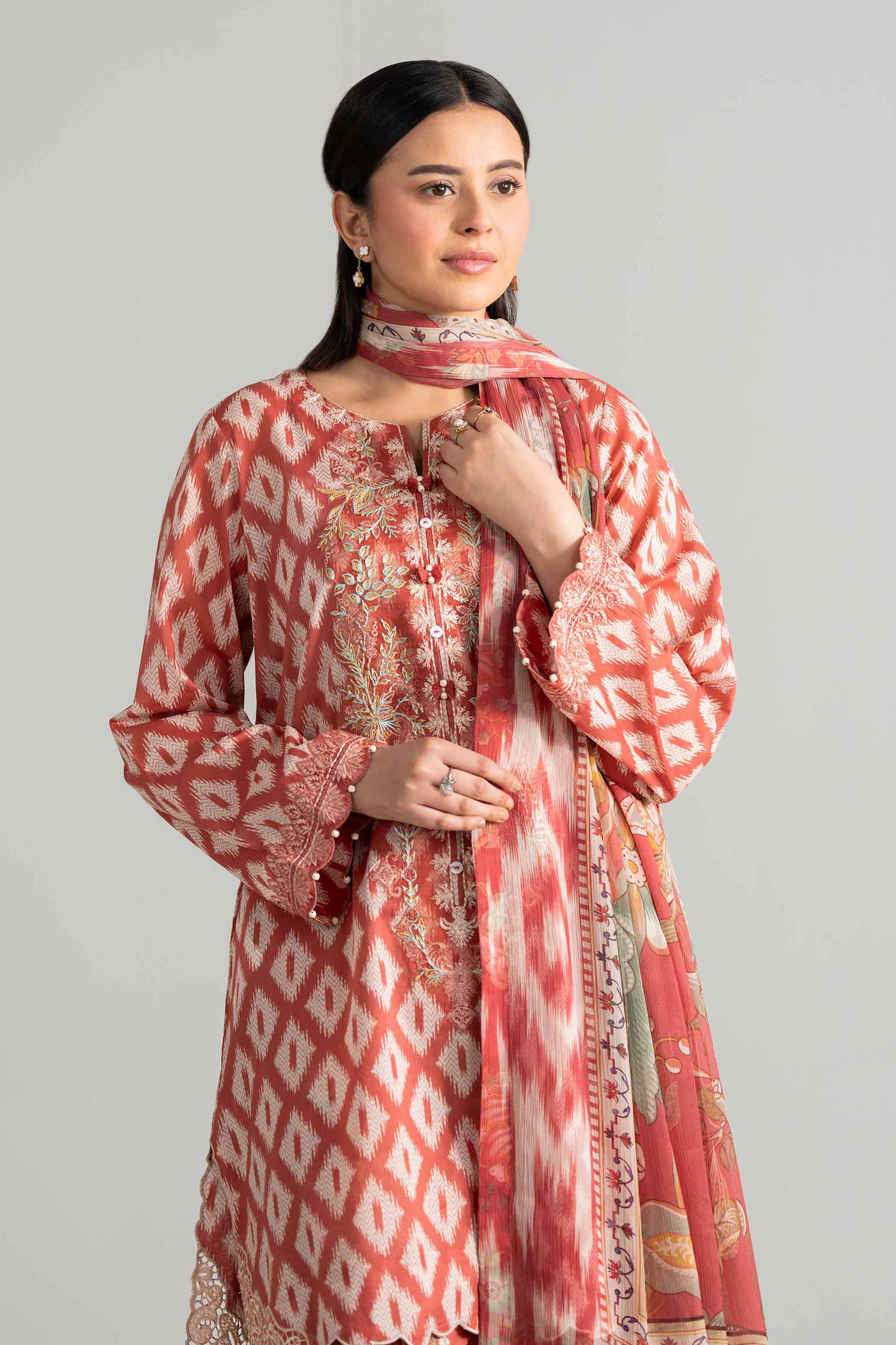 3 Piece - Digital Printed Embroidered Suit - 42601915 Brown Lawn 3PC Embroidered