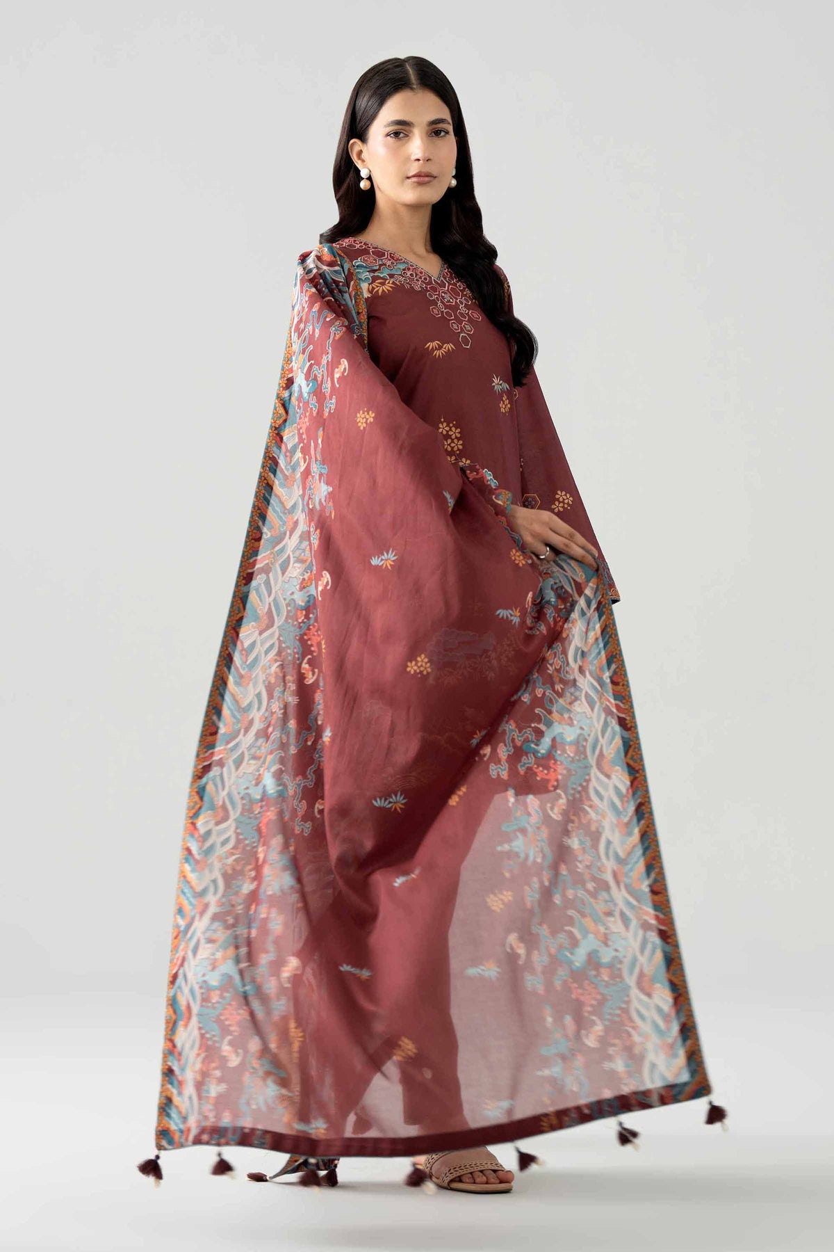 NISHAT UAE 3Pc Embroidered Unstitched Women Maroon Lawn Suit