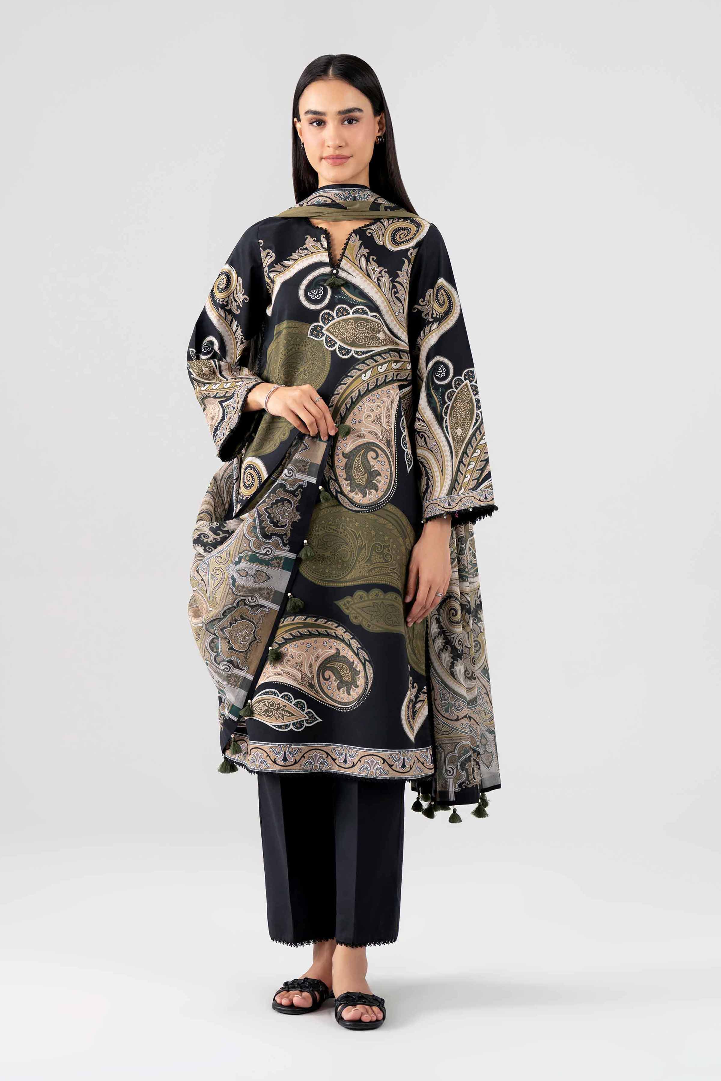 NISHAT UAE 3Pc Printed Unstitched Women Black Lawn Suit