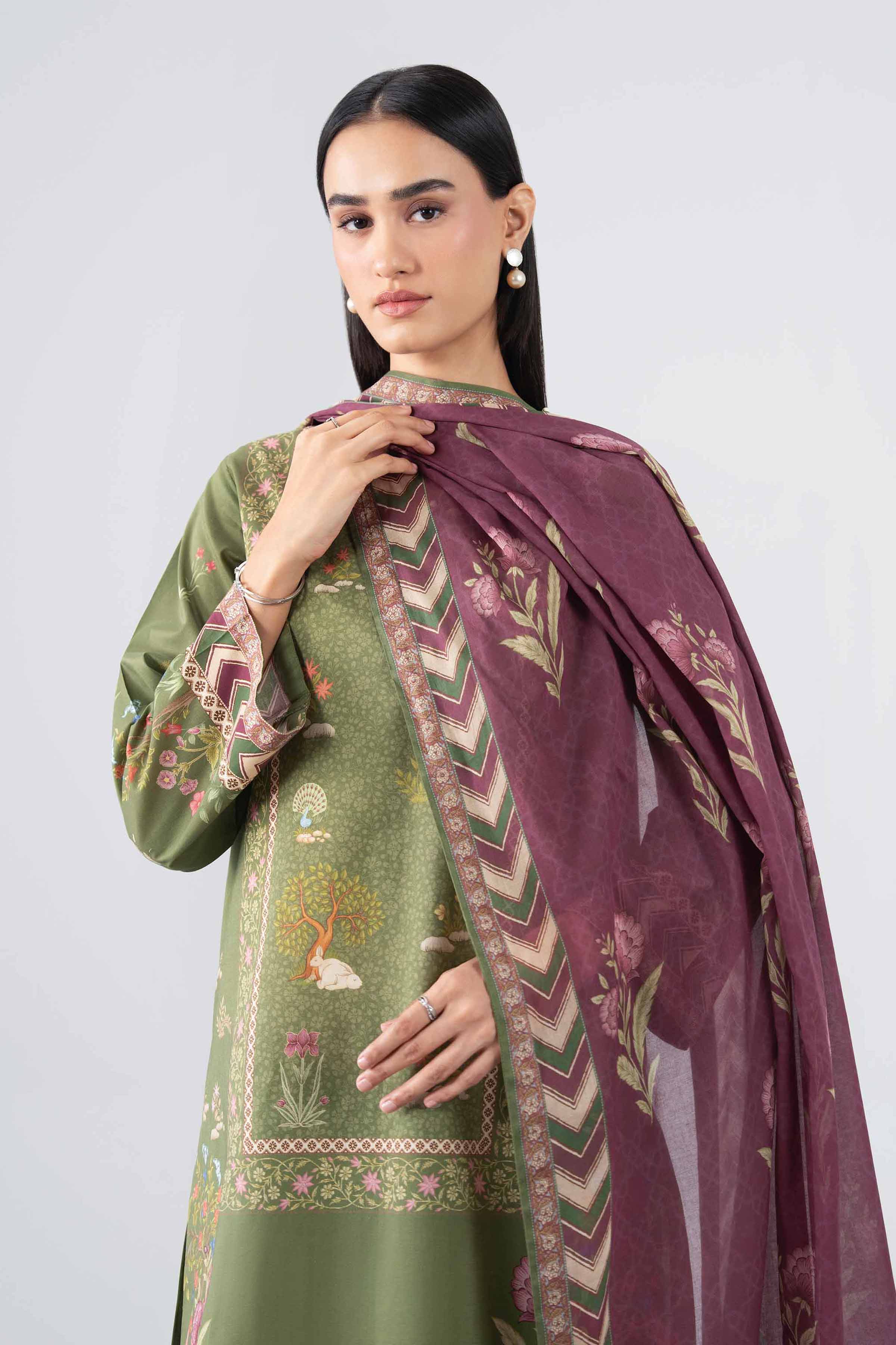 NISHAT UAE 3Pc Printed Unstitched Women Green Lawn Suit