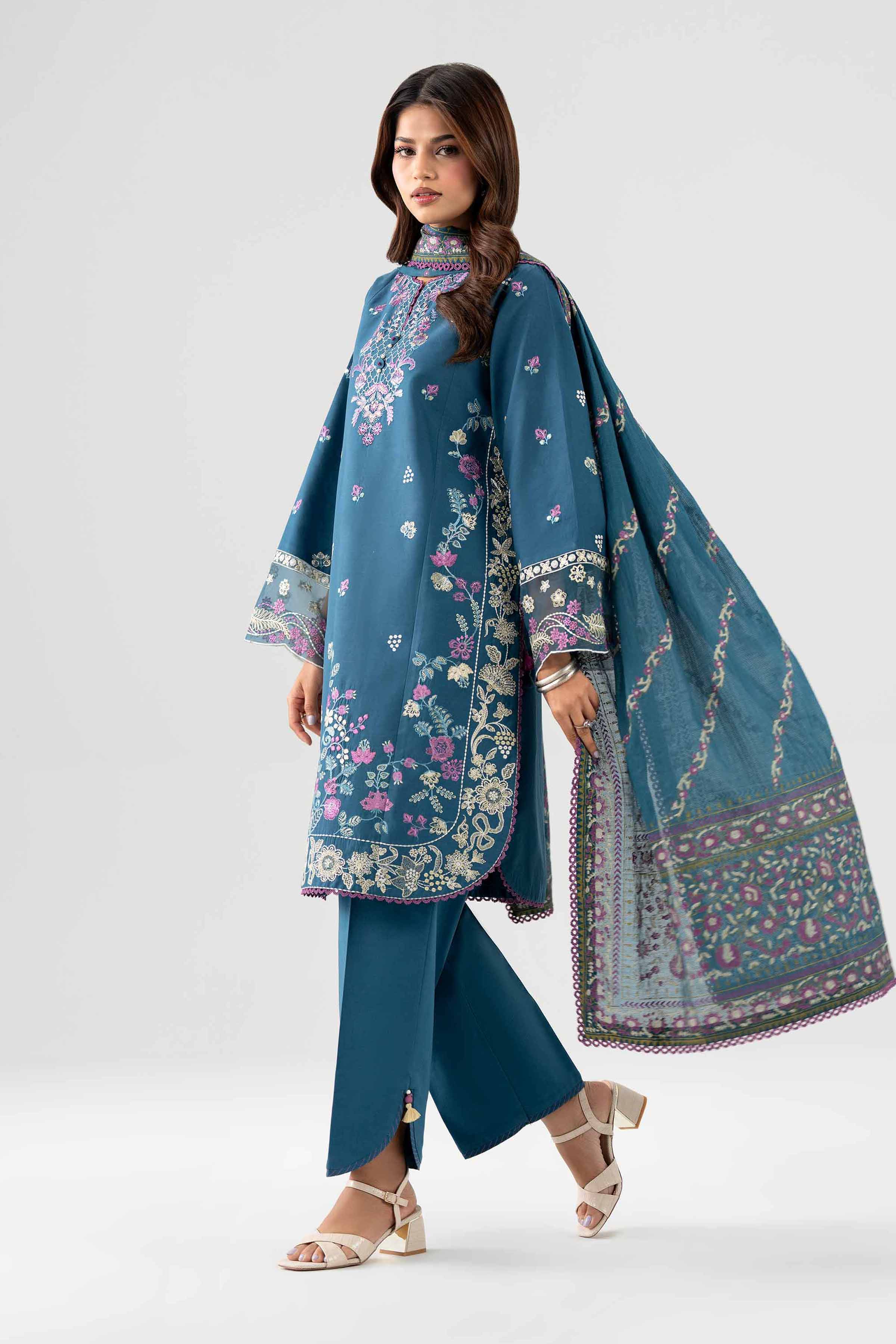 NISHAT UAE 3Pc Embroidered Unstitched Women Blue Lawn Suit