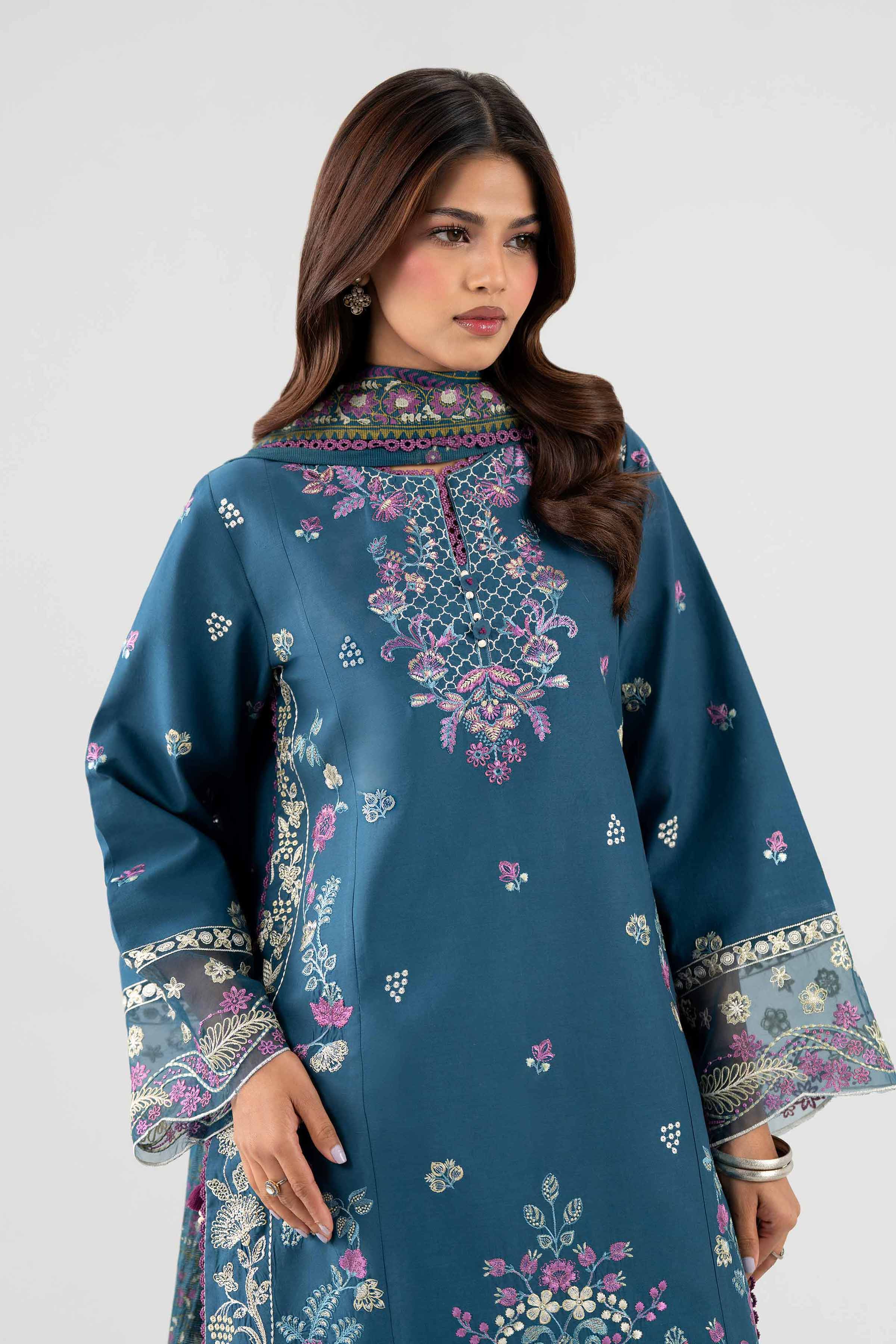 NISHAT UAE 3Pc Embroidered Unstitched Women Blue Lawn Suit