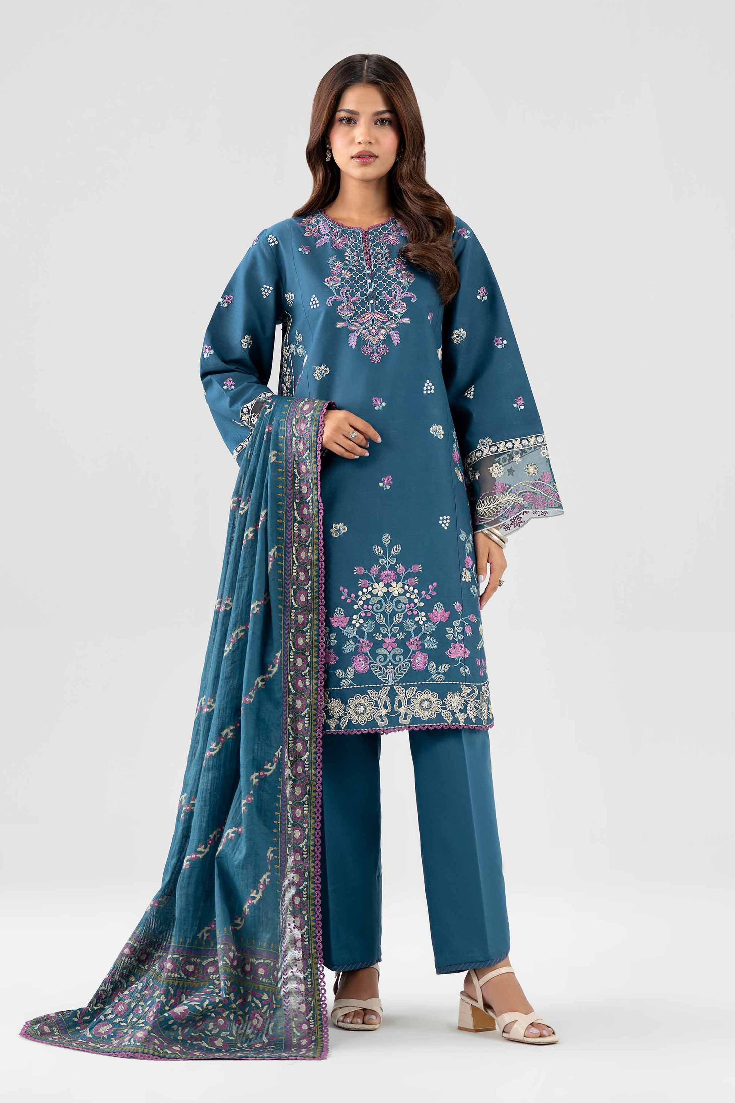 NISHAT UAE 3Pc Embroidered Unstitched Women Blue Lawn Suit