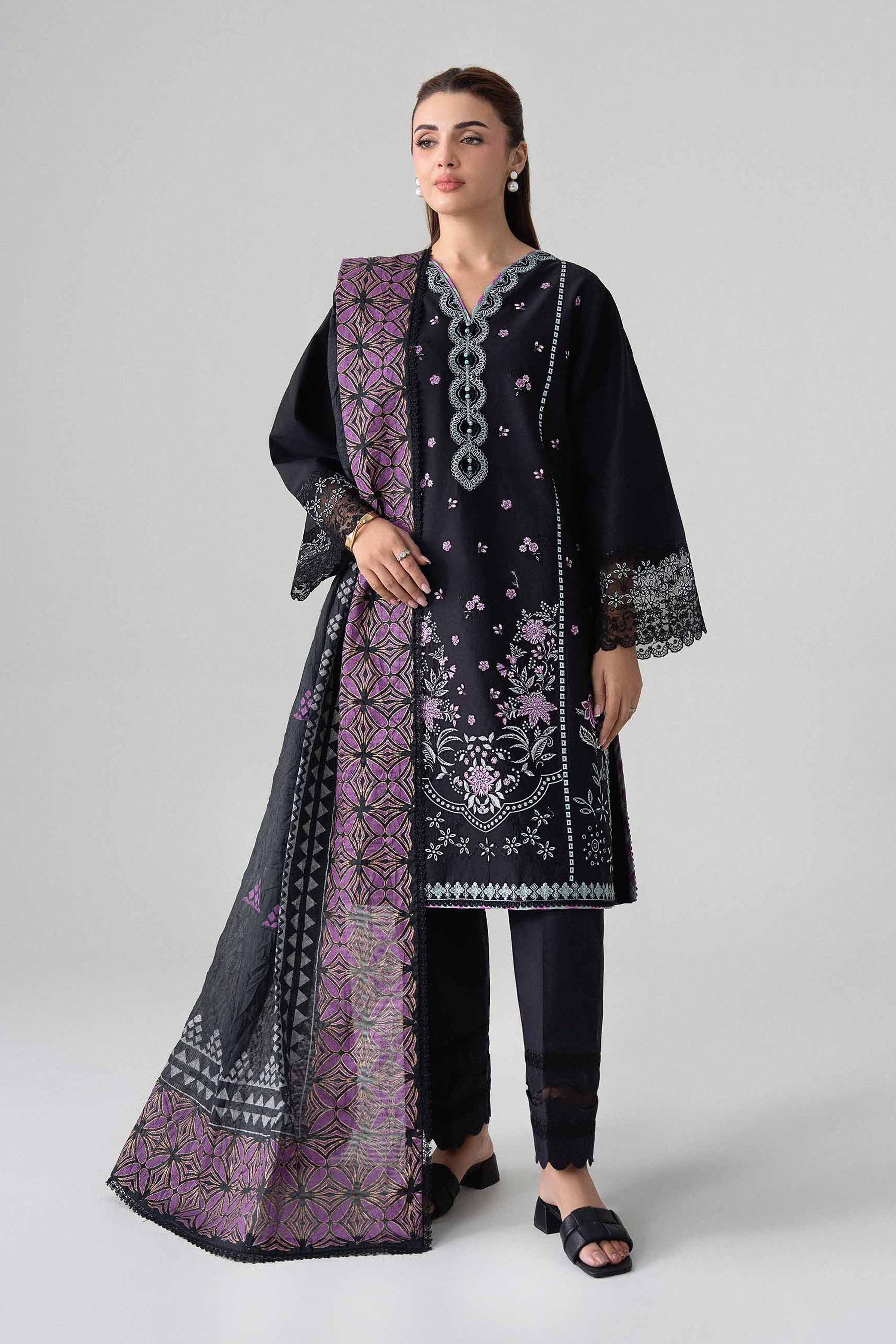 NISHAT UAE 3Pc Embroidered Unstitched Women Black Lawn Suit