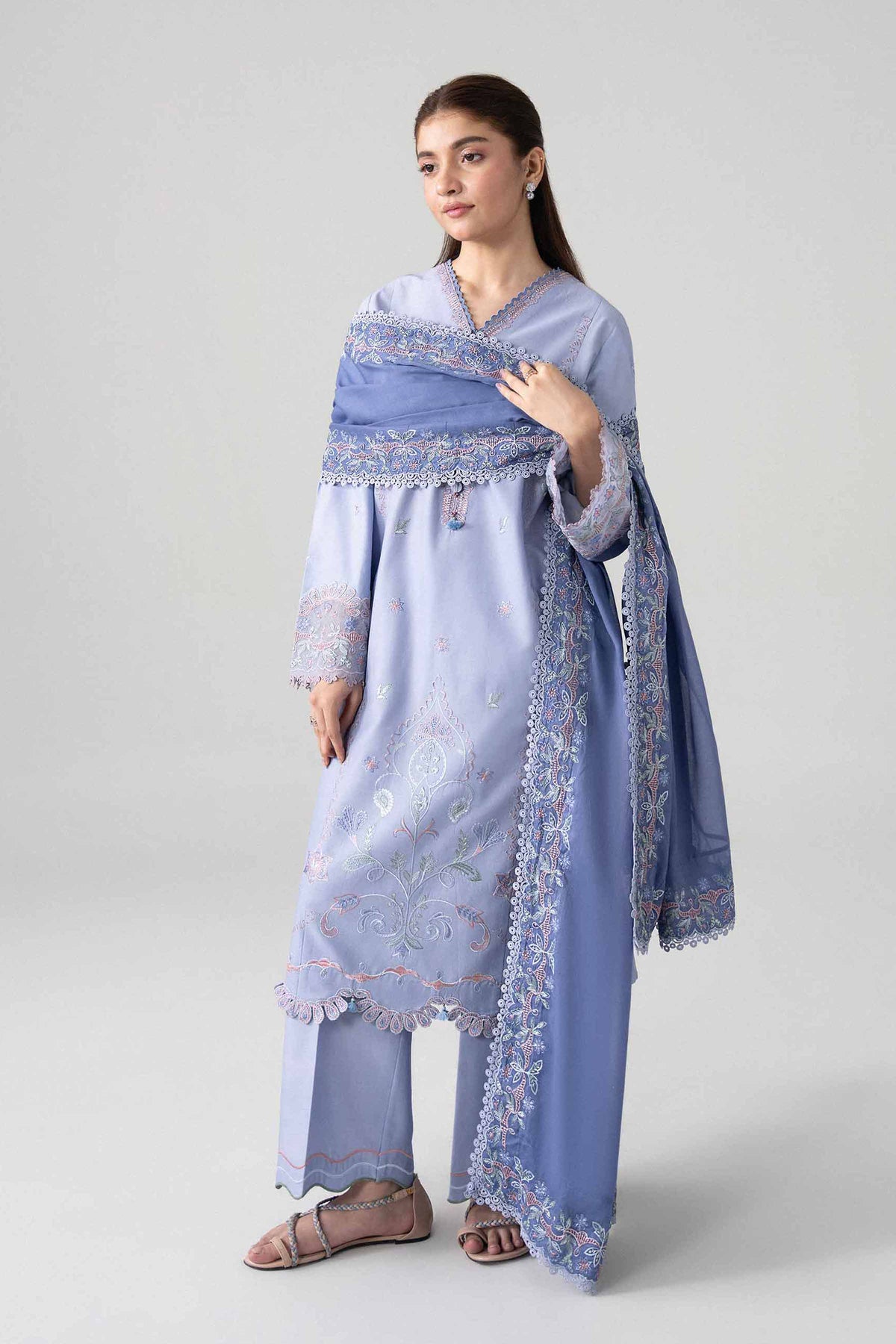 NISHAT UAE 3Pc Embroidered Unstitched Women Blue Lawn Suit