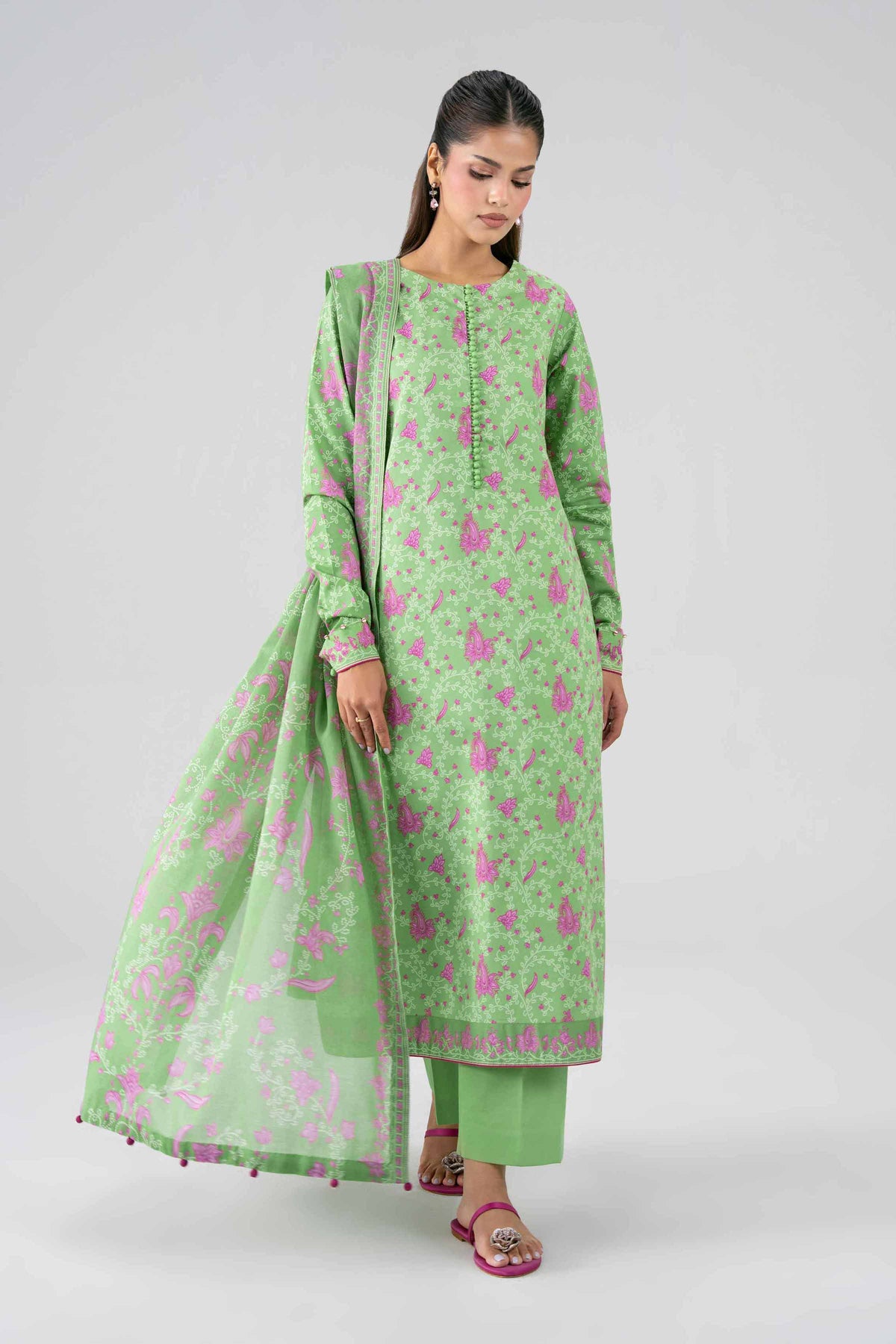 NISHAT UAE 3Pc Printed Unstitched Women Green Lawn Suit
