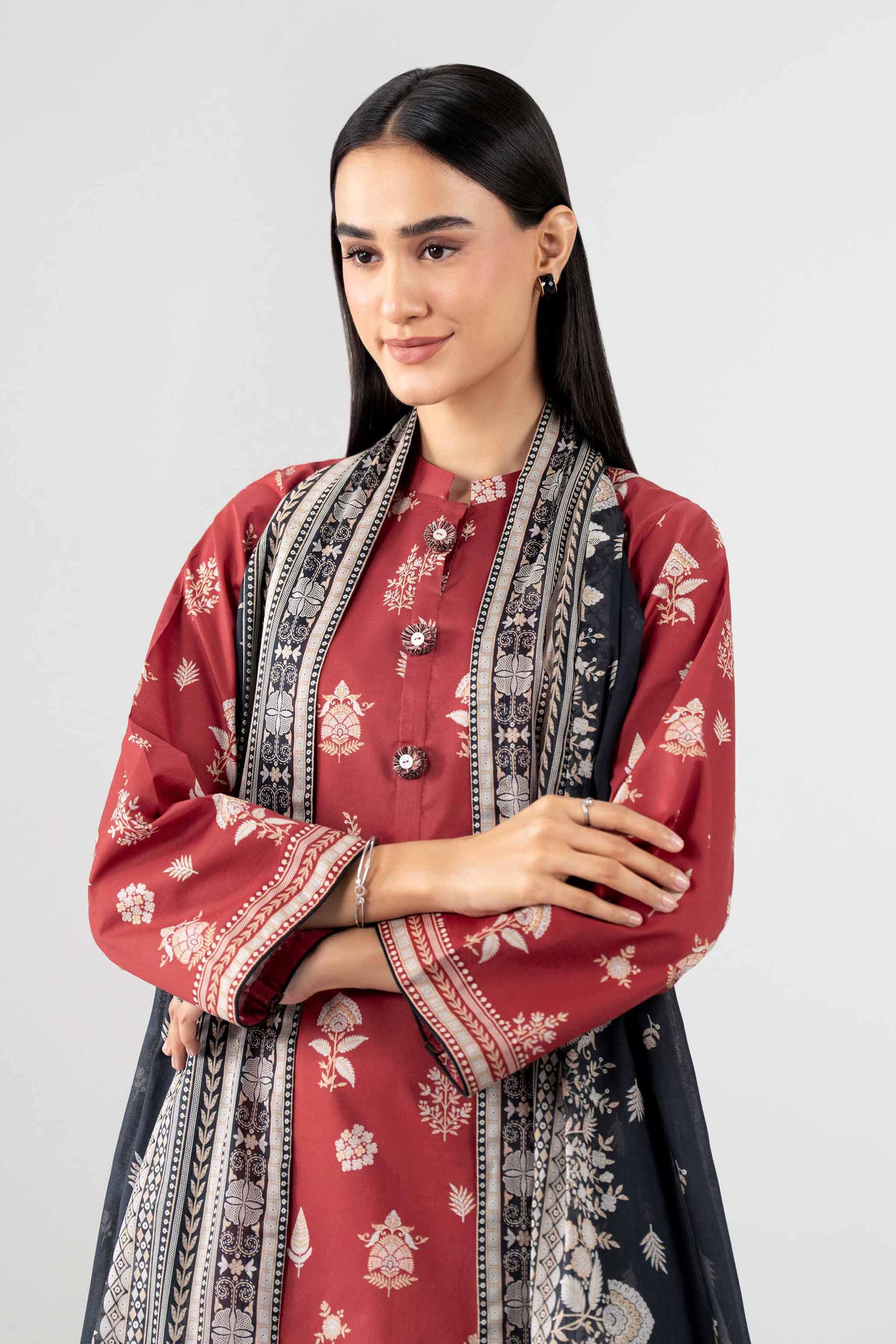 NISHAT UAE 3Pc Printed Unstitched Women Maroon Lawn Suit