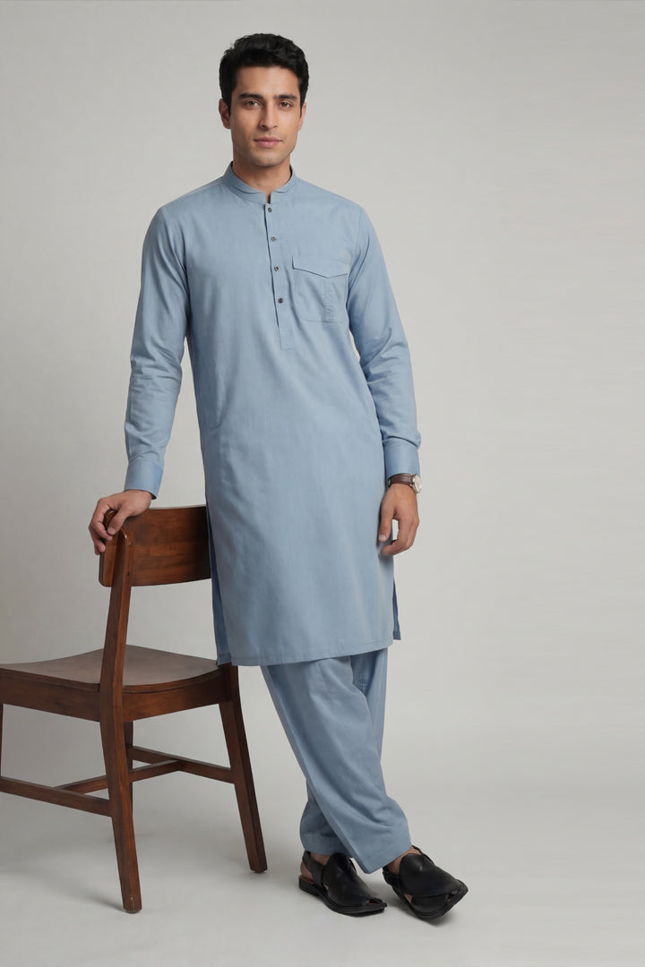 2 Piece - Naqsh Suit - 42608026 Blue Willow & Pine 2PC Non-Embroidered