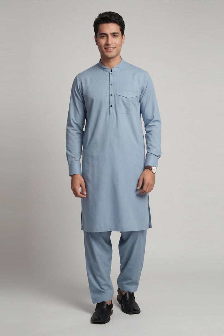 2 Piece - Naqsh Suit - 42608026 Blue Willow & Pine 2PC Non-Embroidered