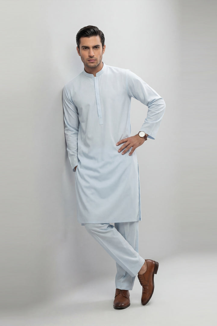 2 Piece - Naqsh Suit With Box - 42608046 Blue Cotton 2PC Non-Embroidered