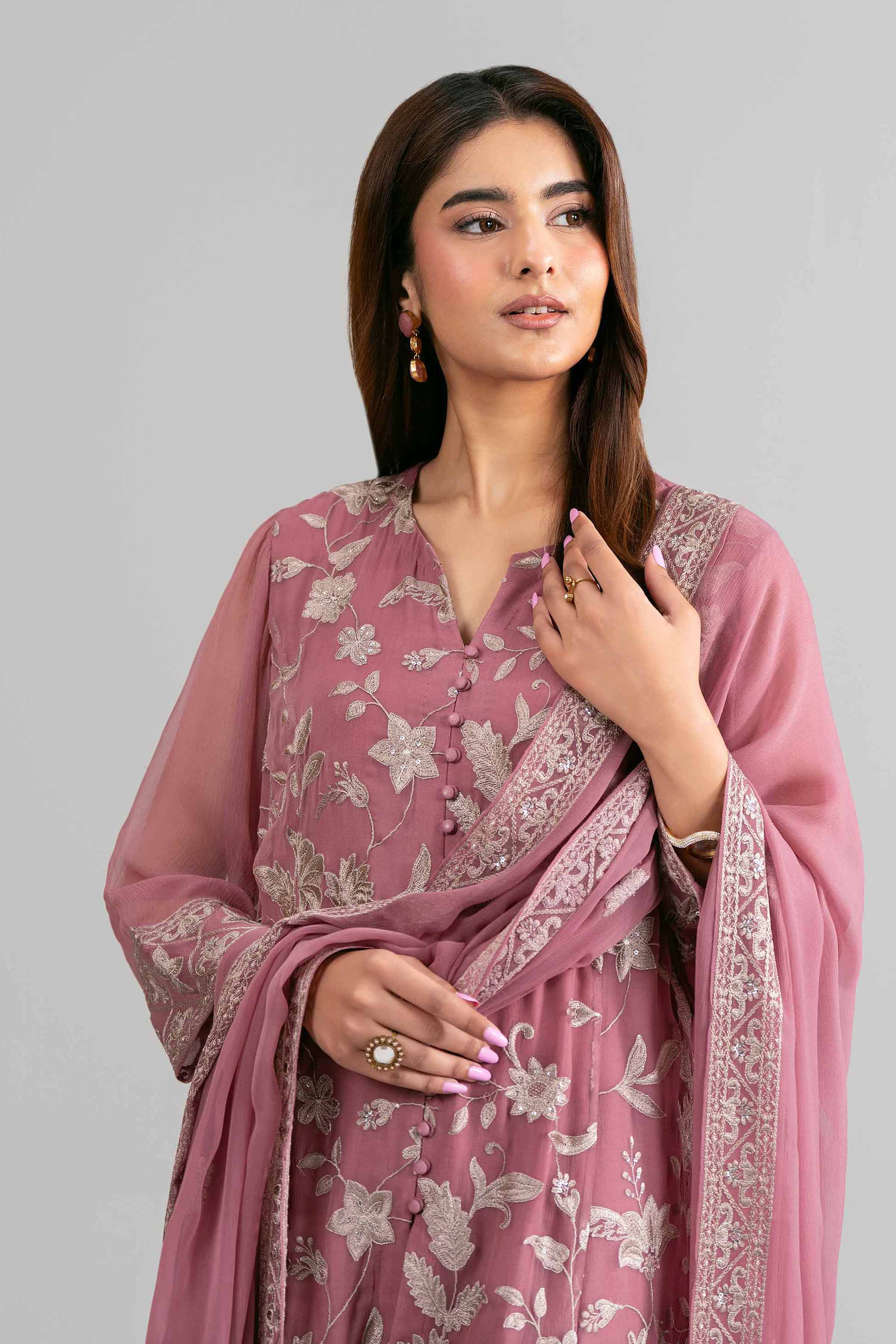 3 Piece - Embroidered Suit - 42619942 for Women - Ready to Stitch Collection | Nishat | Shop Online Pink Chiffon 3 Pieces Embroidered