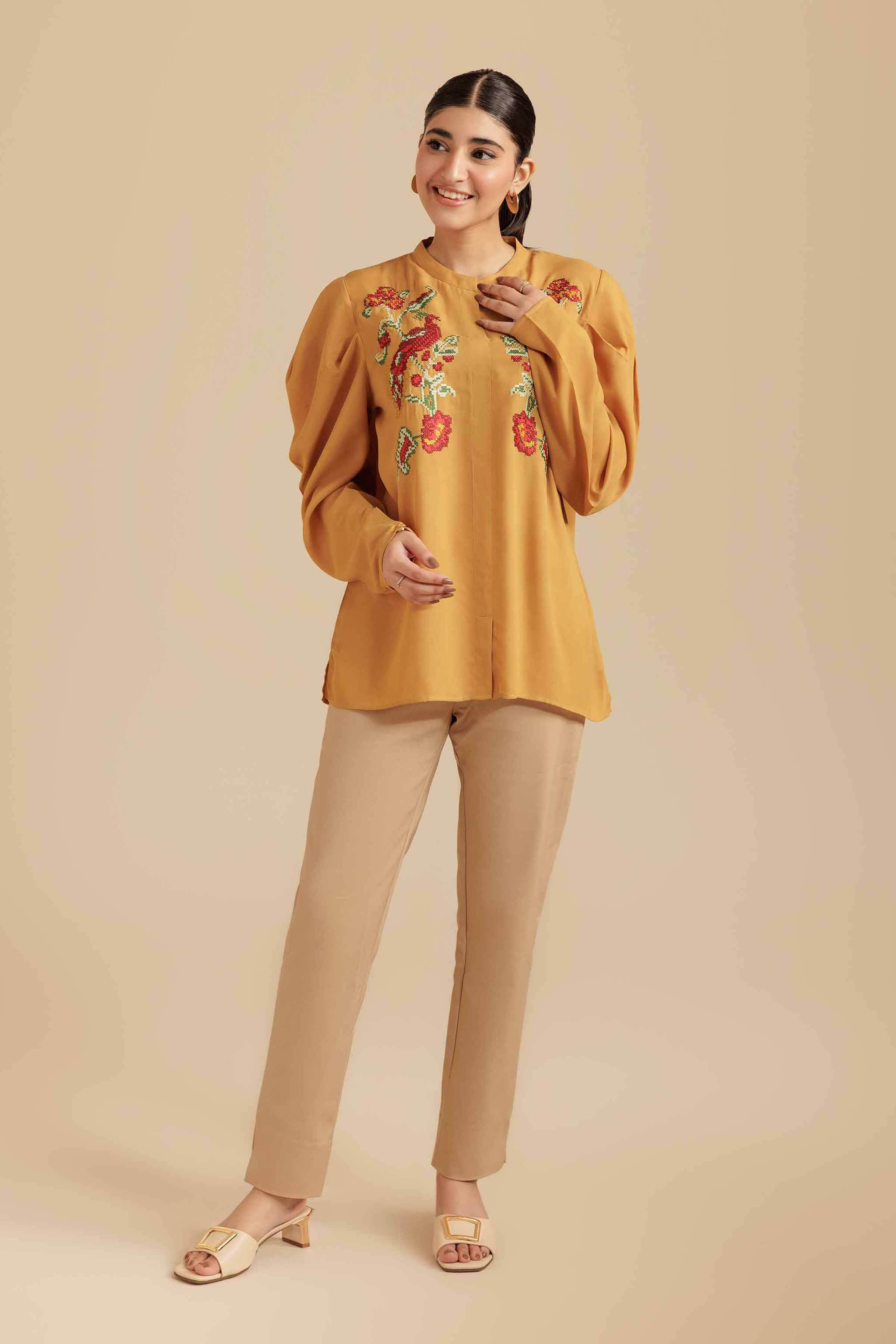 NISHATUAE - Mustard Embroidered Georgette Ready to wear Tunic