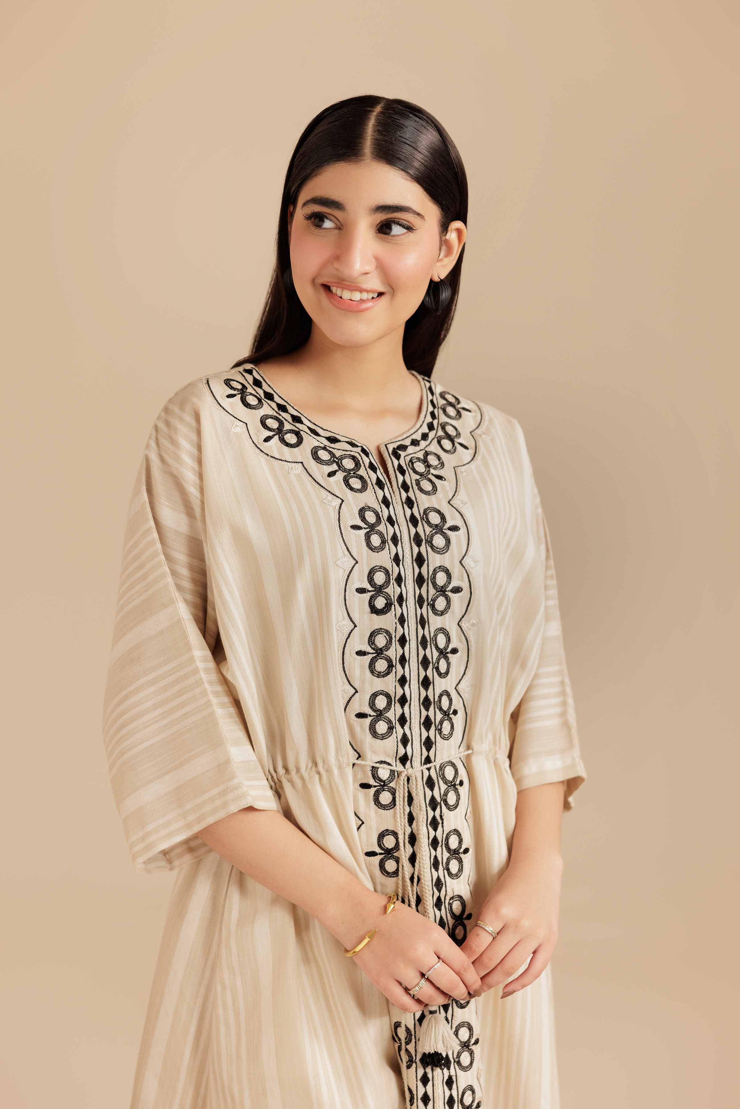 NISHATUAE - Beige Embroidered Cotton Ready to wear Dress
