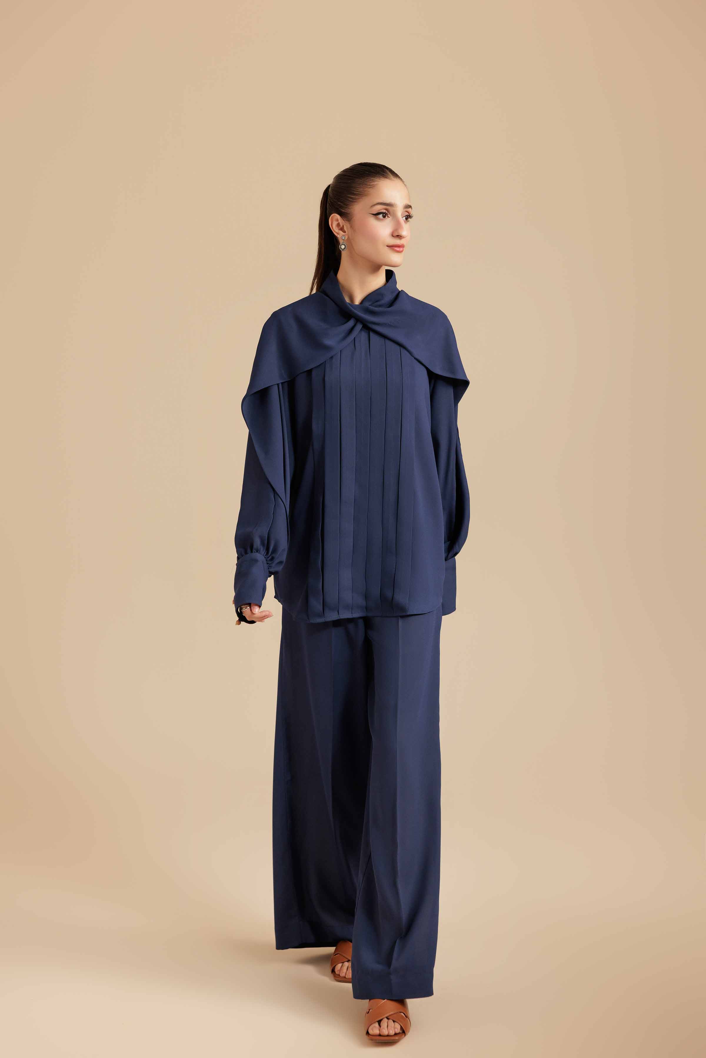 NishatUAE - Blue Solid Georgette 2-piece Ready To Wear Dress