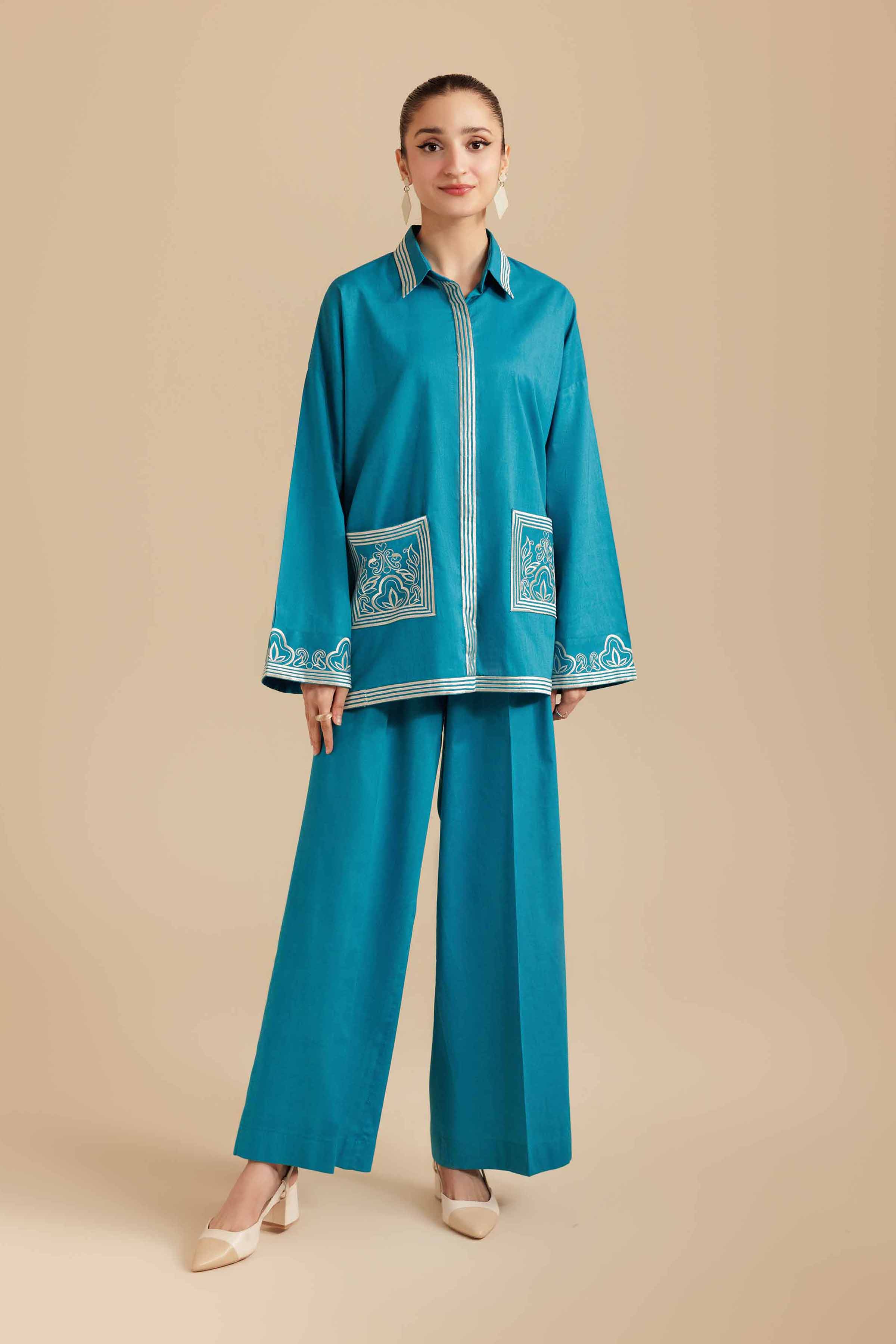 NISHATUAE - Blue Embroidered Cambric 2-piece Ready to wear Dress