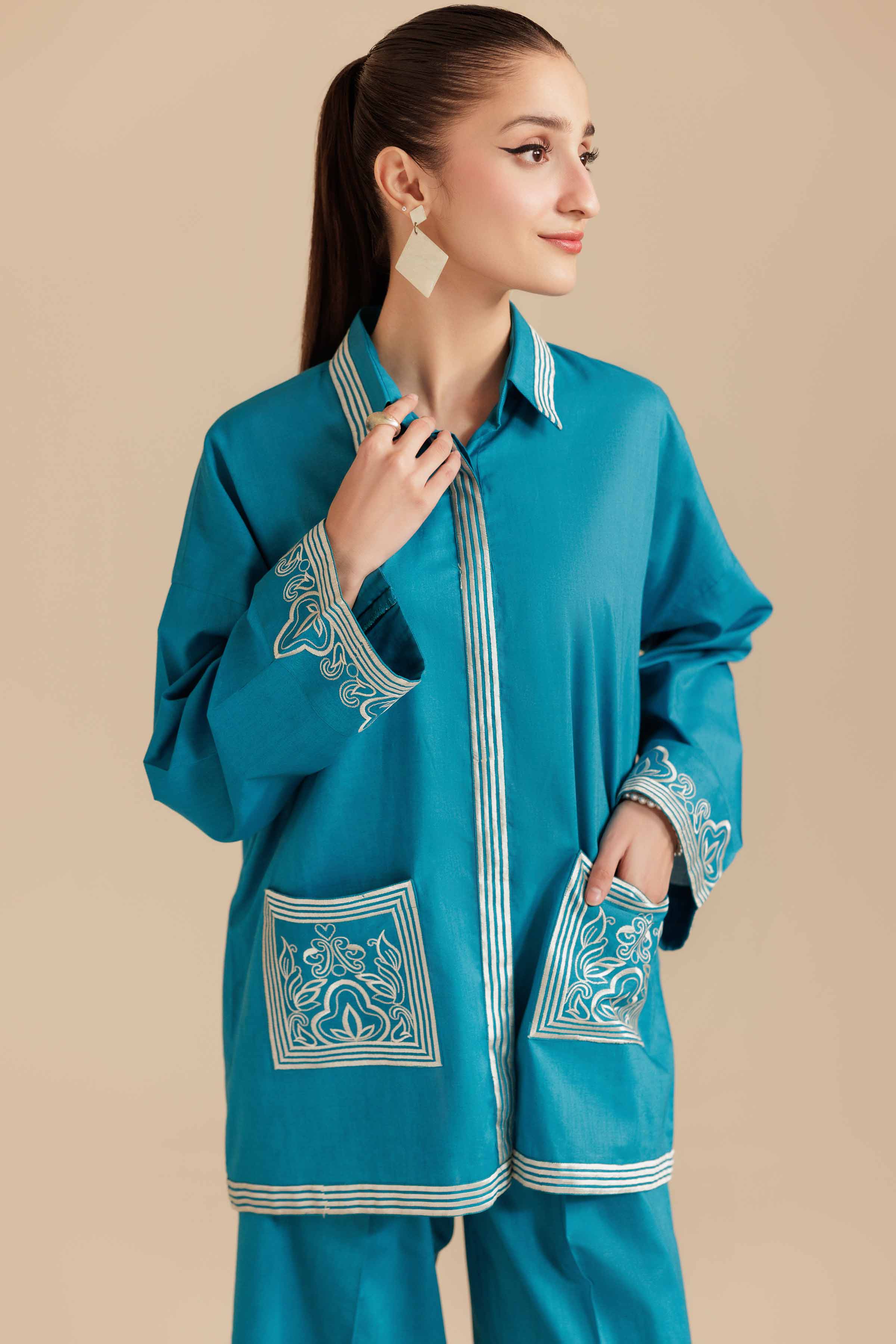 NISHATUAE - Blue Embroidered Cambric 2-piece Ready to wear Dress