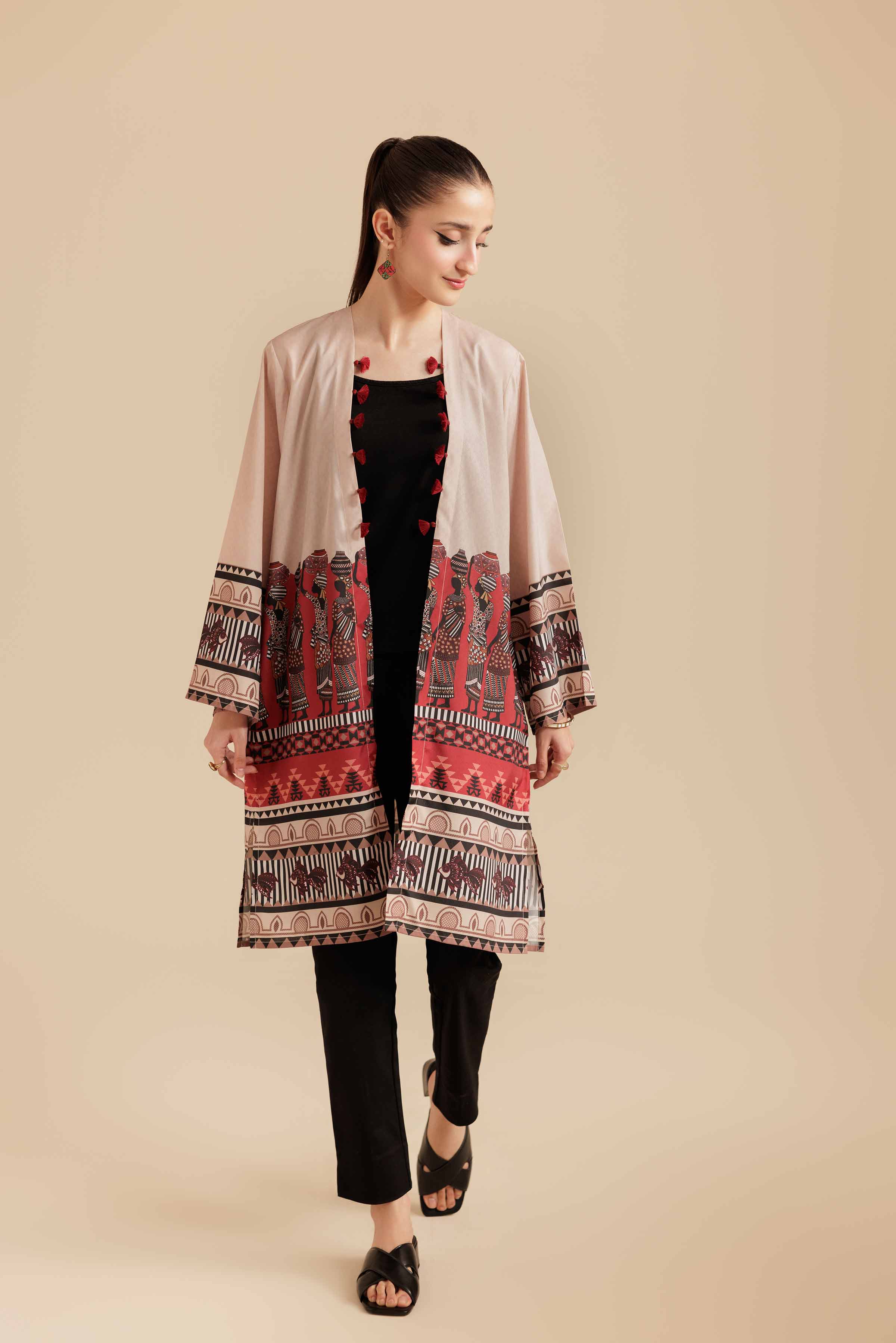 NISHATUAE - Beige Printed Silk Ready to wear Jacket