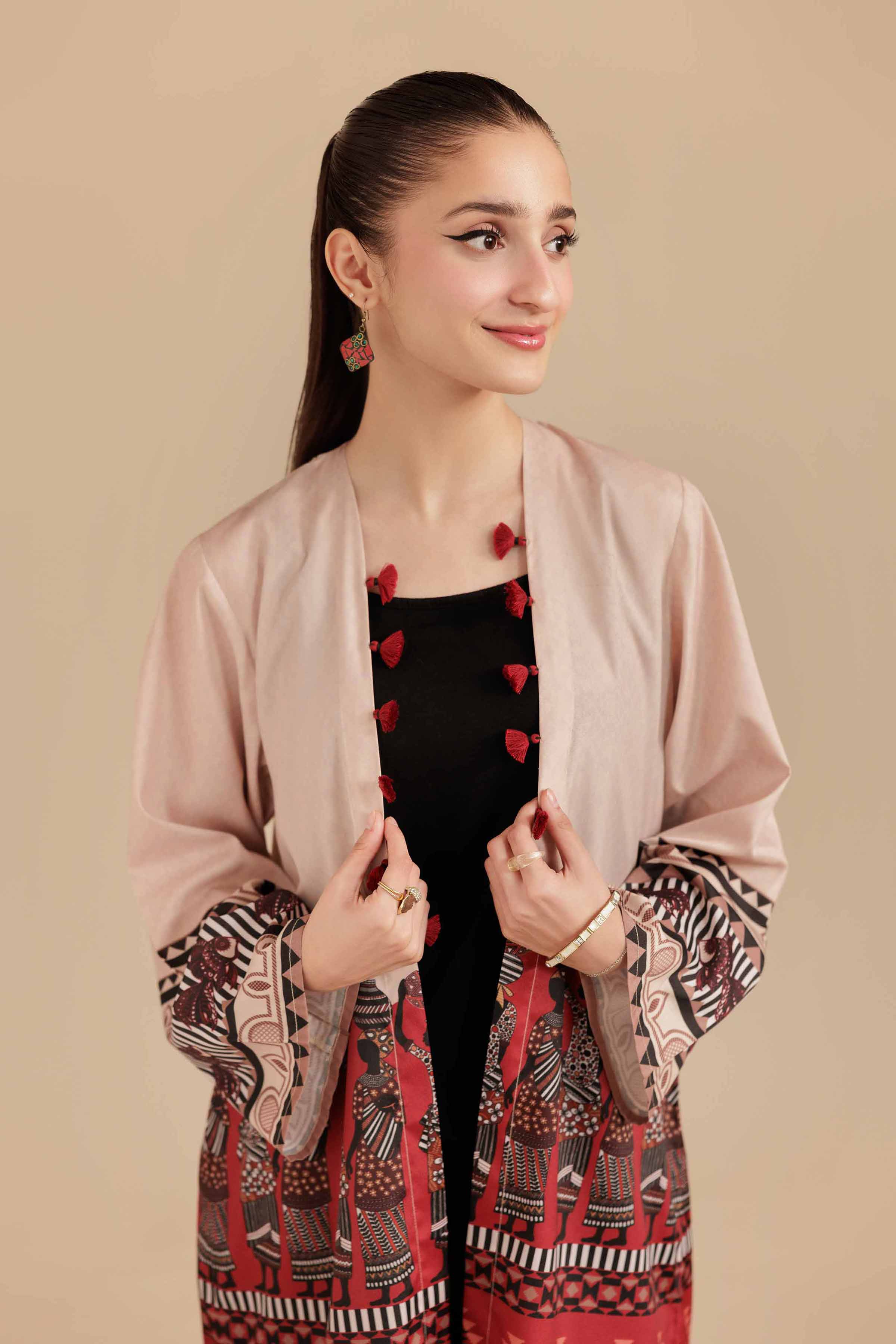 NISHATUAE - Beige Printed Silk Ready to wear Jacket