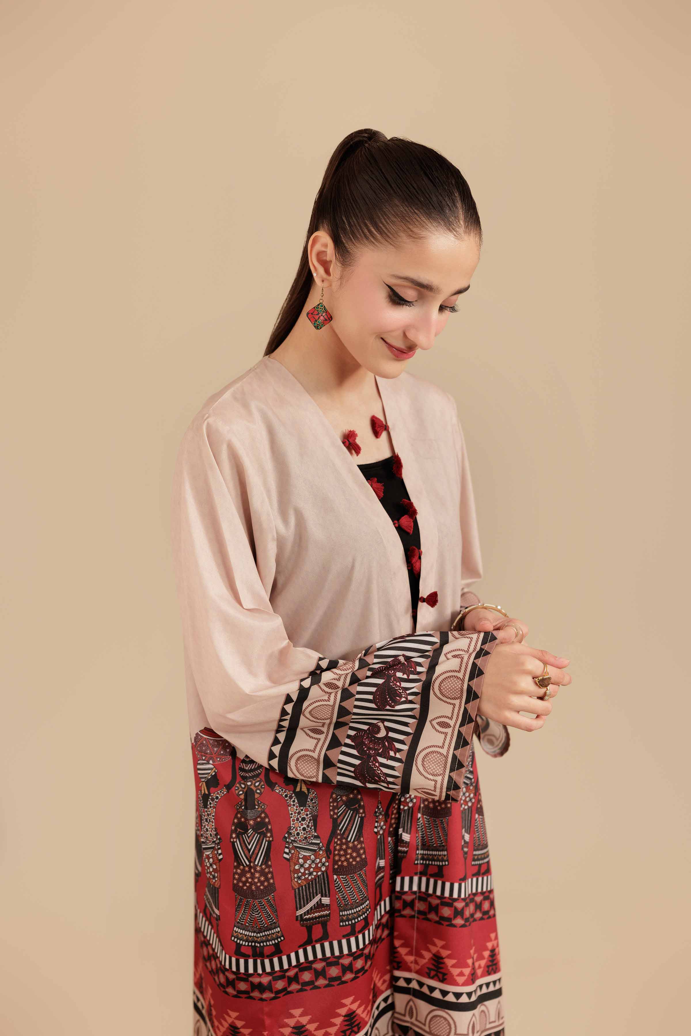 NISHATUAE - Beige Printed Silk Ready to wear Jacket