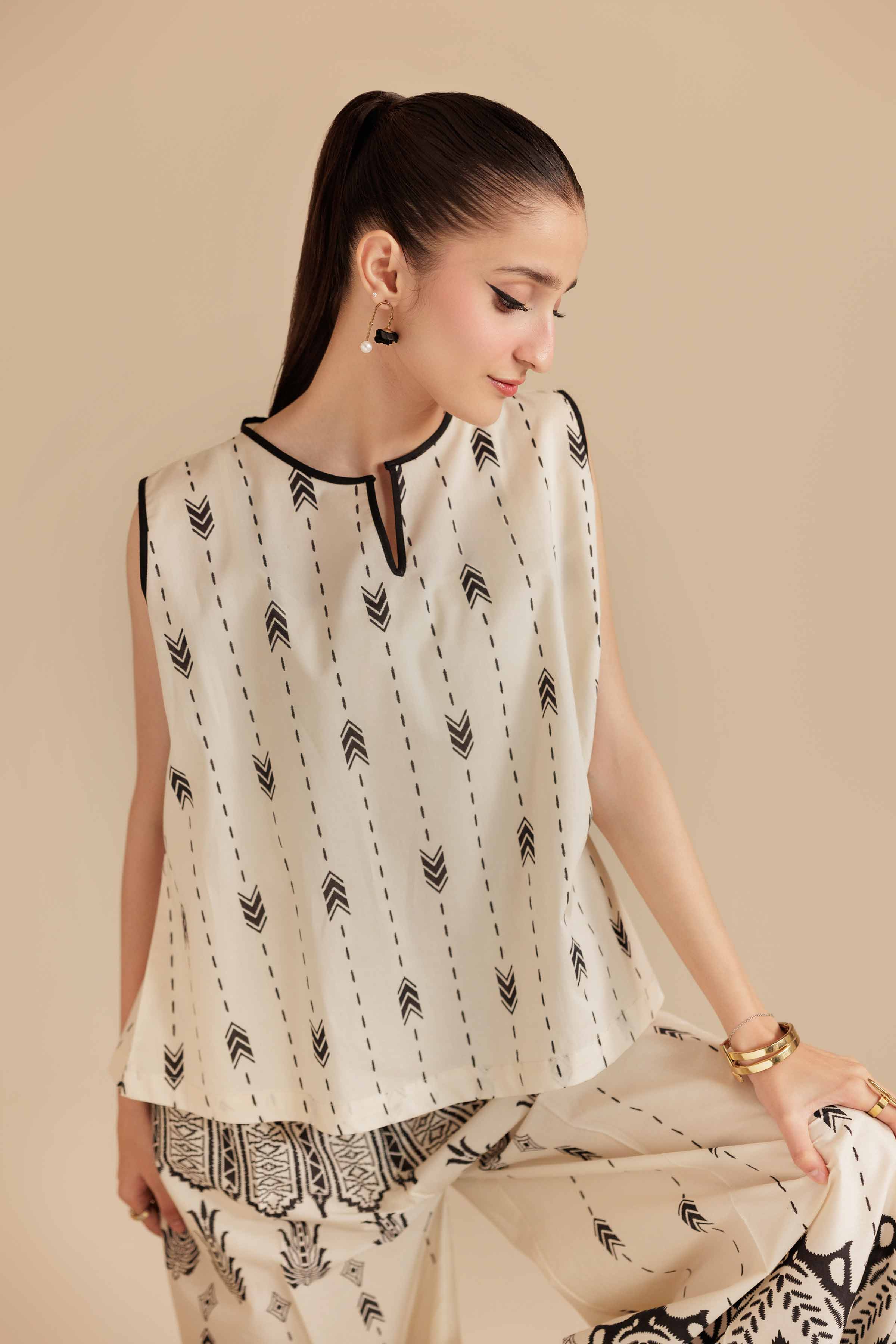 NISHATUAE - Beige Printed Cambric 2-piece Ready to wear Dress