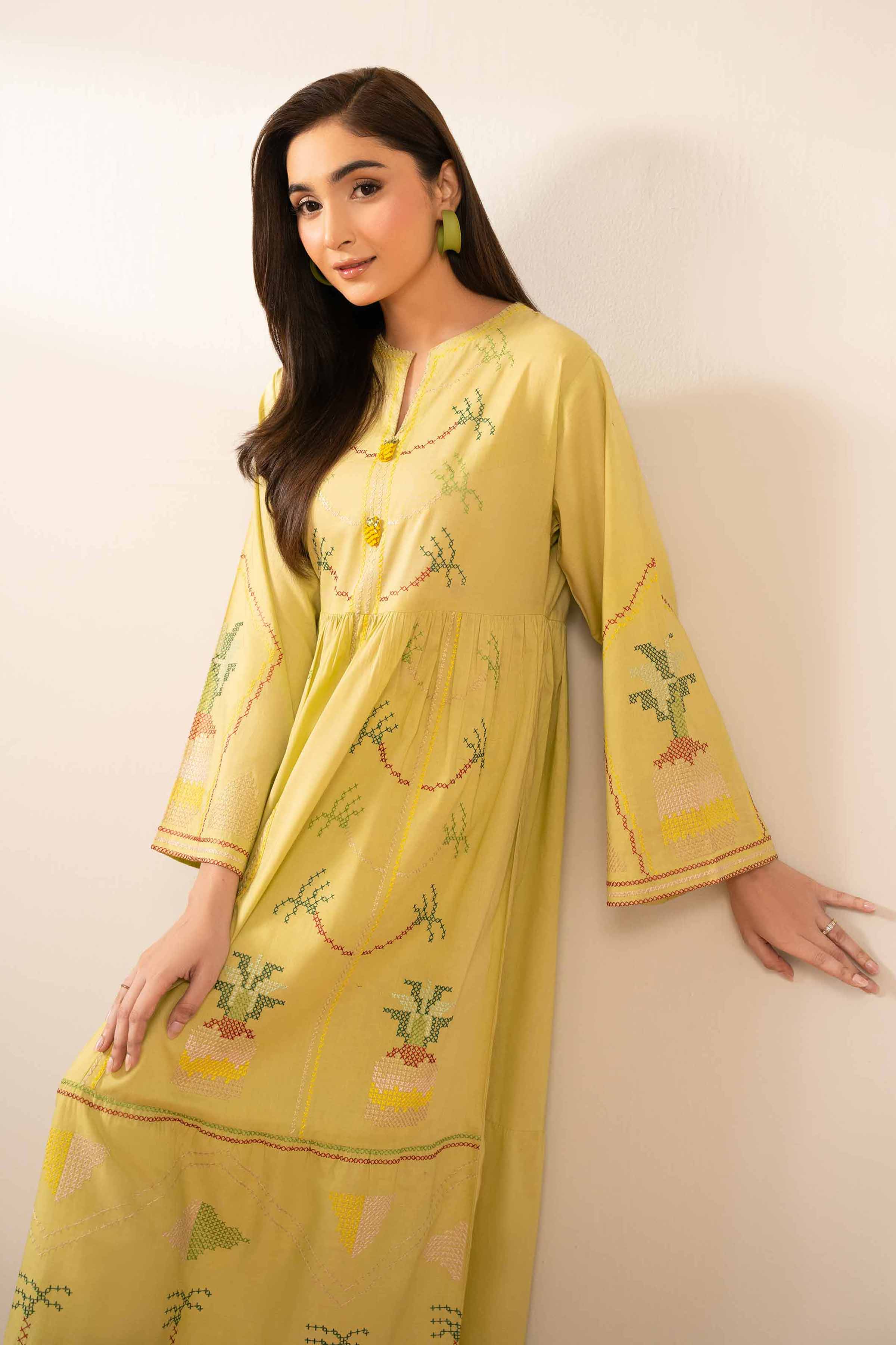 NISHATUAE - Green Embroidered Cambric Ready to wear Dress