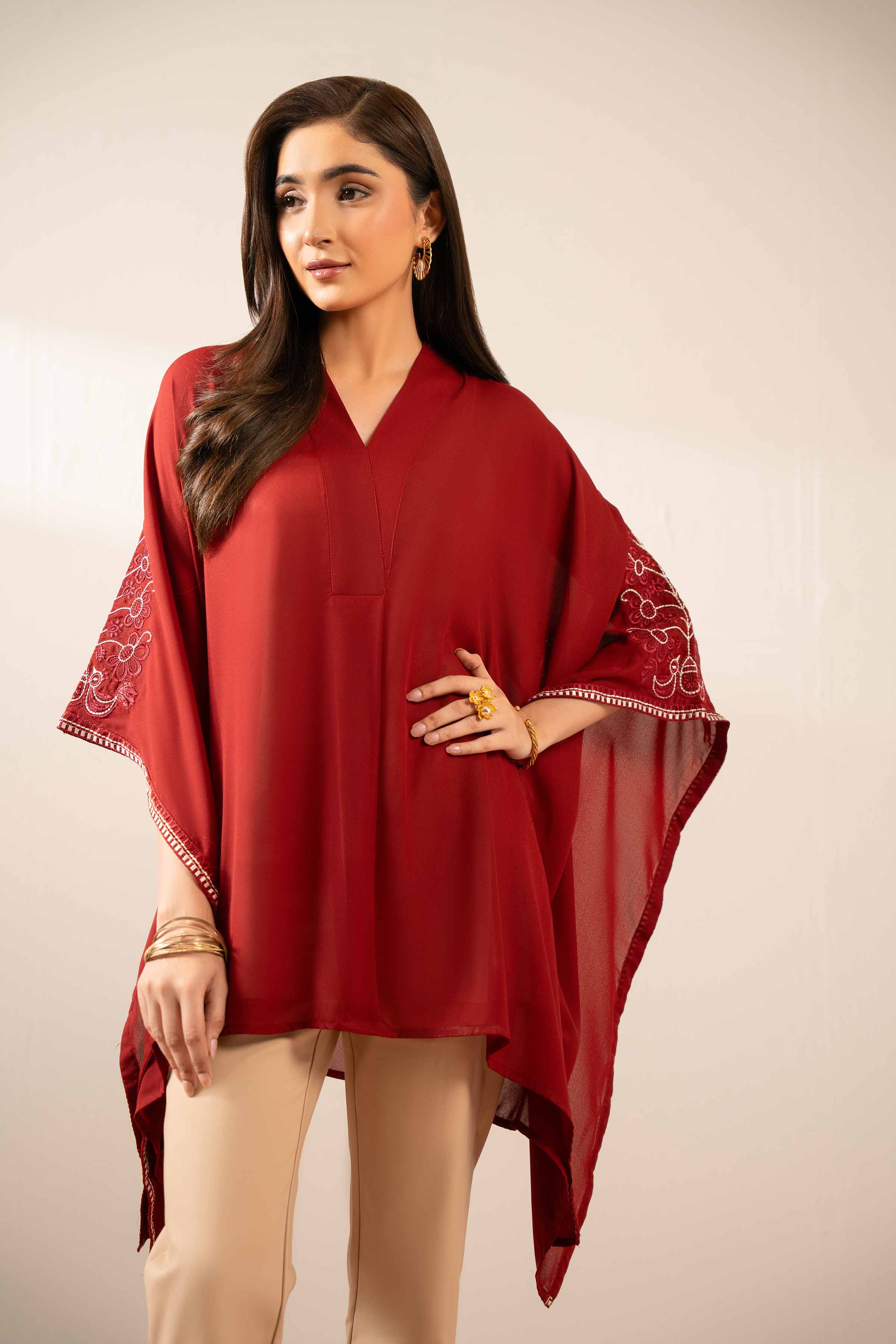 NISHATUAE - Red Embroidered Georgette Ready to wear Kaftan