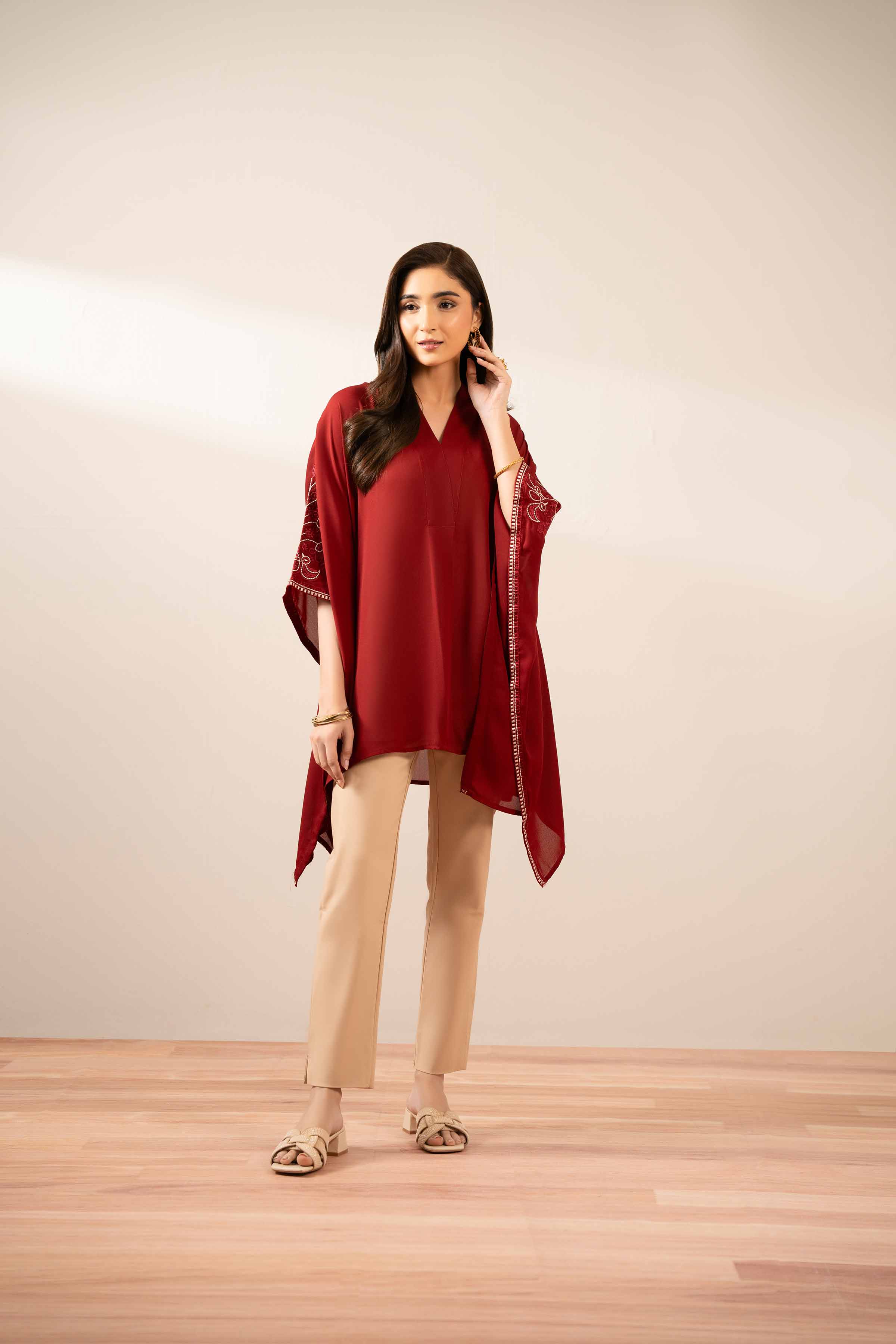 NISHATUAE - Red Embroidered Georgette Ready to wear Kaftan