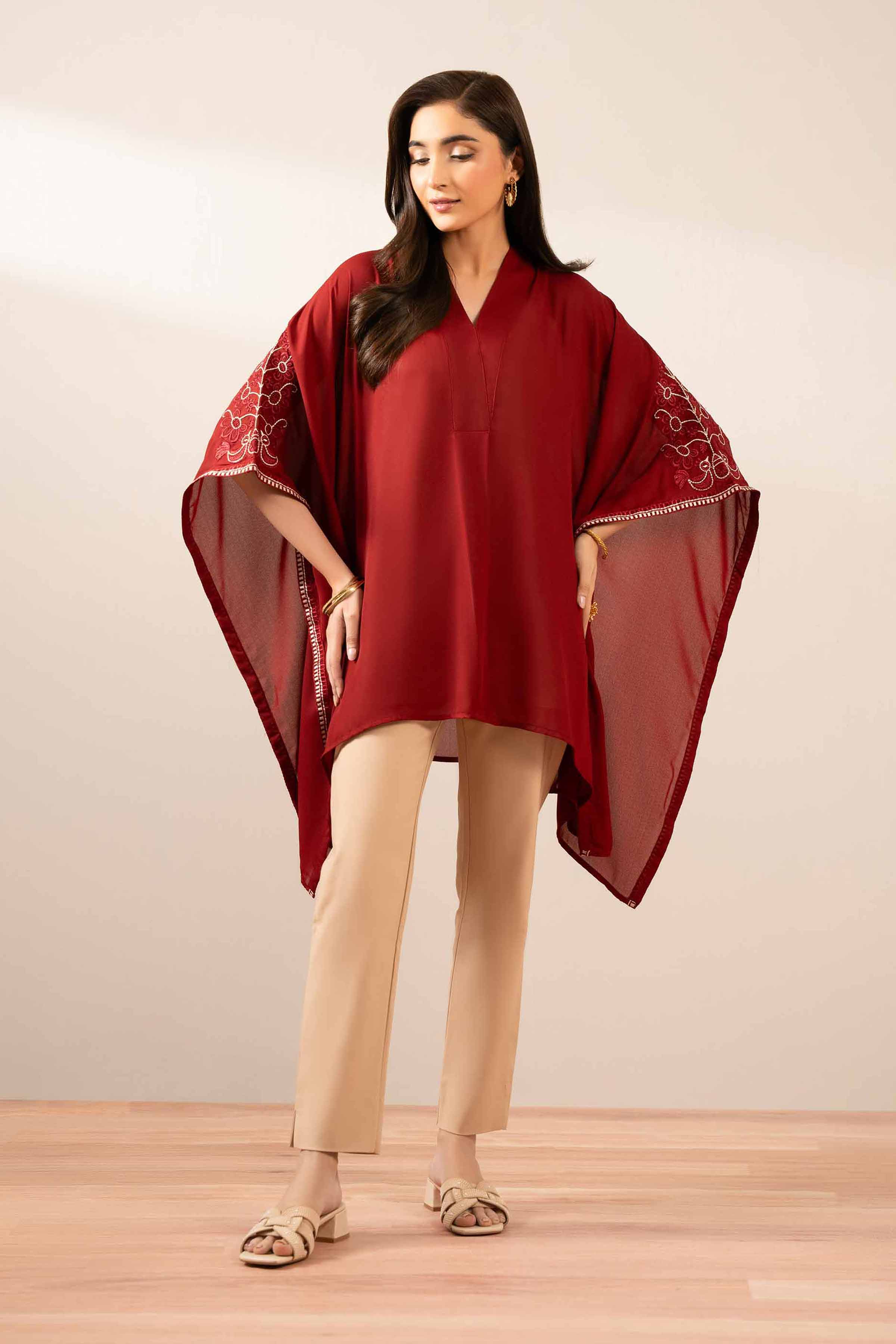 NISHATUAE - Red Embroidered Georgette Ready to wear Kaftan