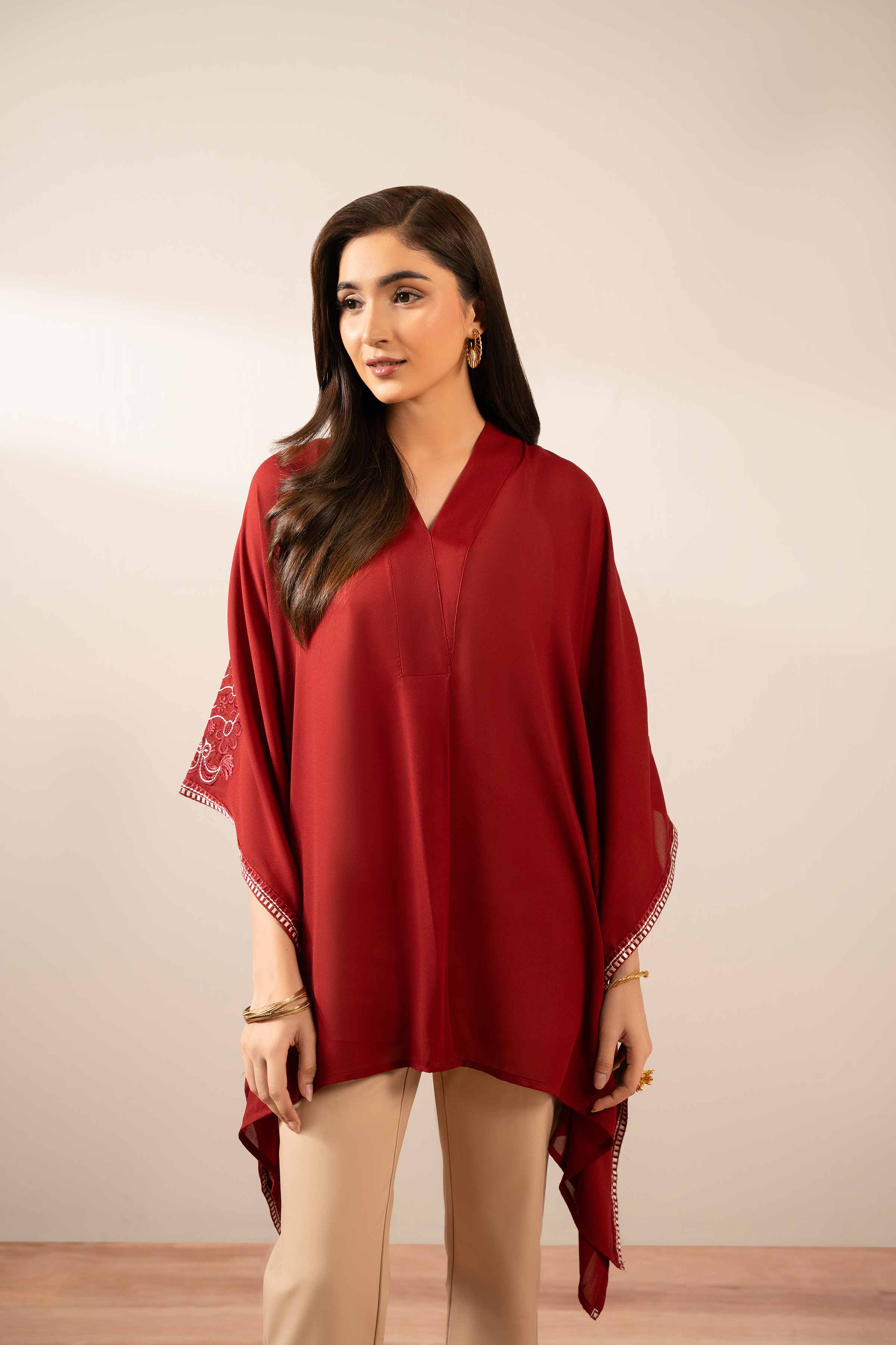 NISHATUAE - Red Embroidered Georgette Ready to wear Kaftan