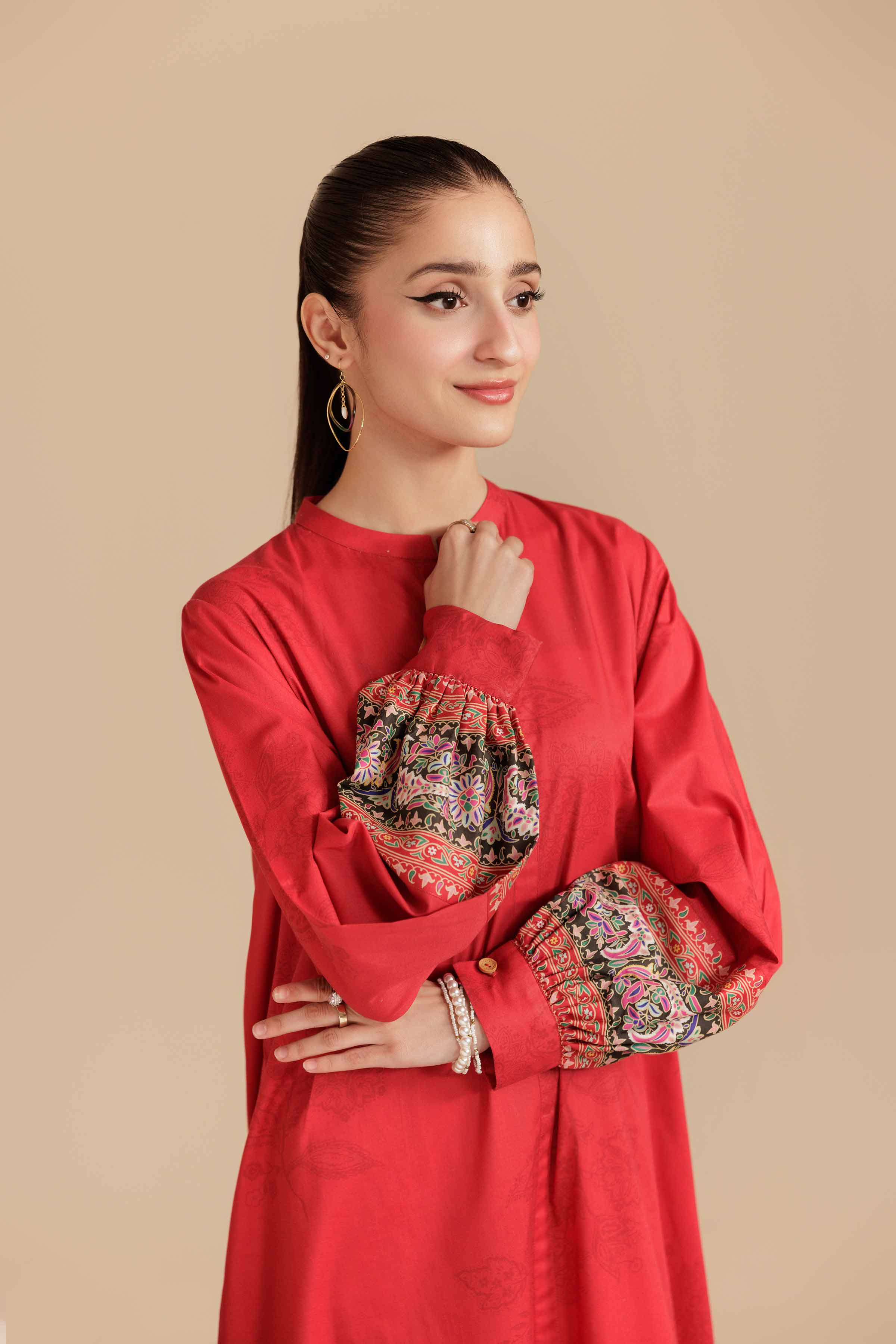 NISHATUAE - Red Printed Cambric Ready to wear Dress