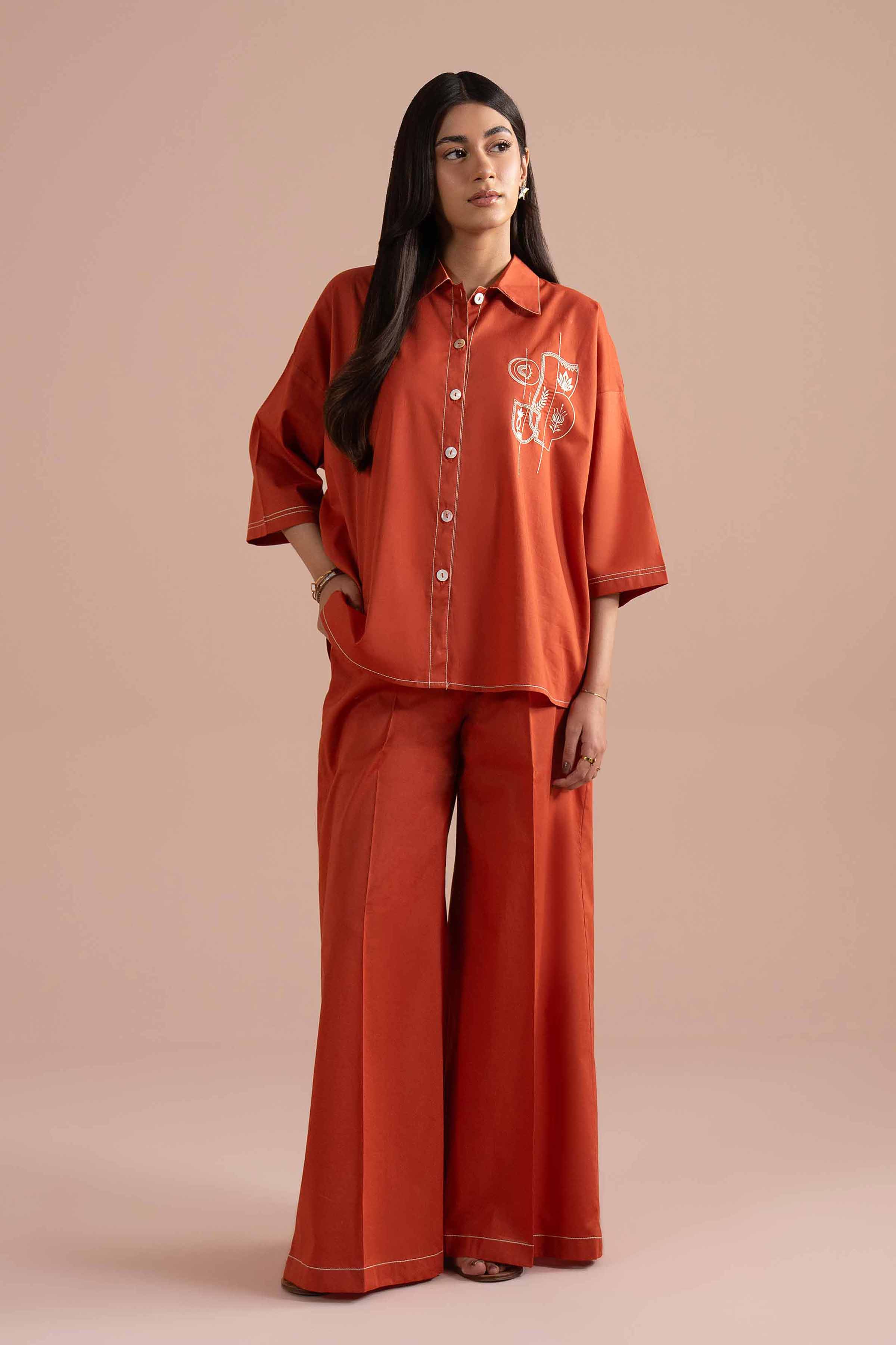 2 Piece - Embroidered Suit - AS26-04 NishatUAE Orange Cambric 2PC Embroidered Ready To Wear