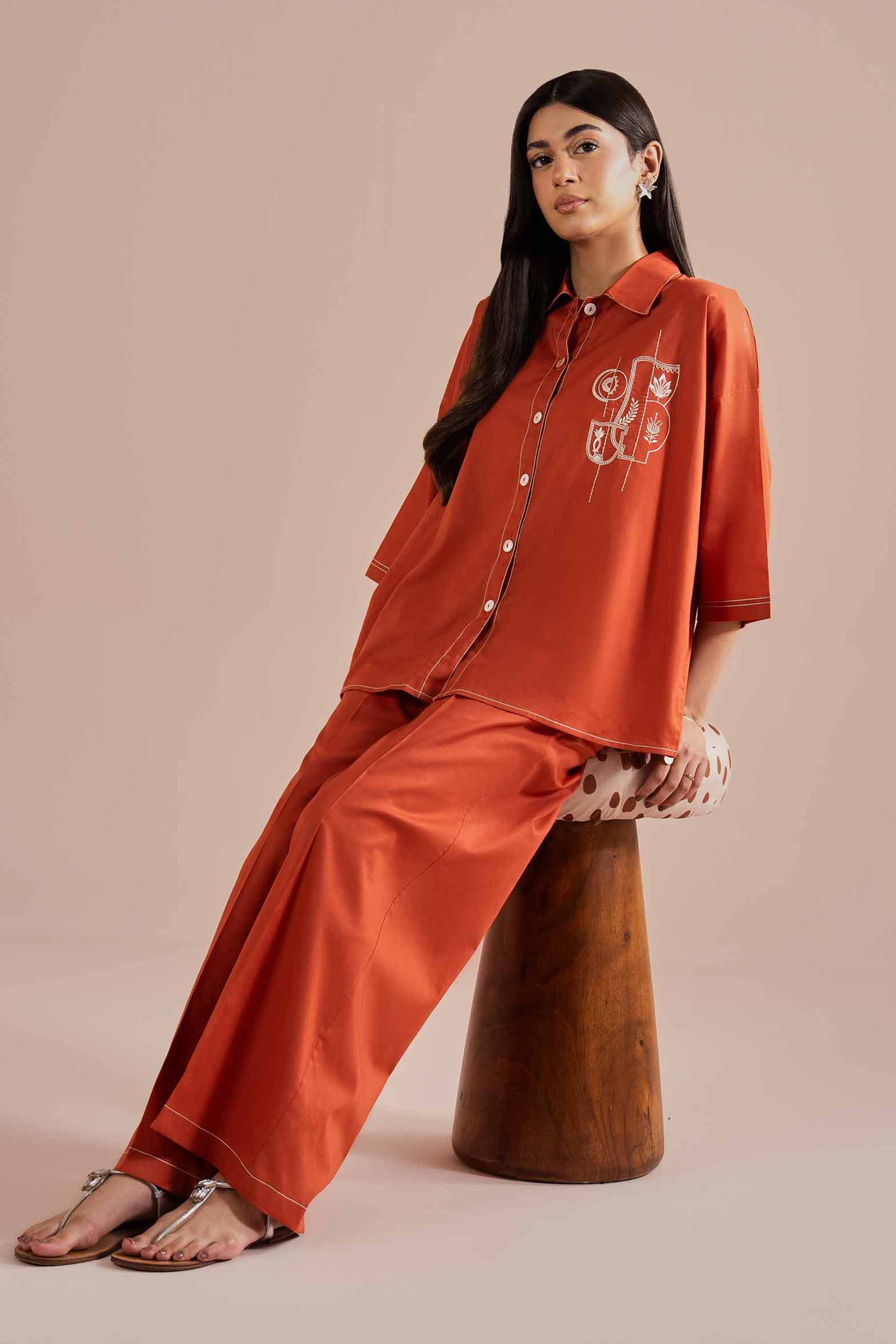 2 Piece - Embroidered Suit - AS26-04 NishatUAE Orange Cambric 2PC Embroidered Ready To Wear