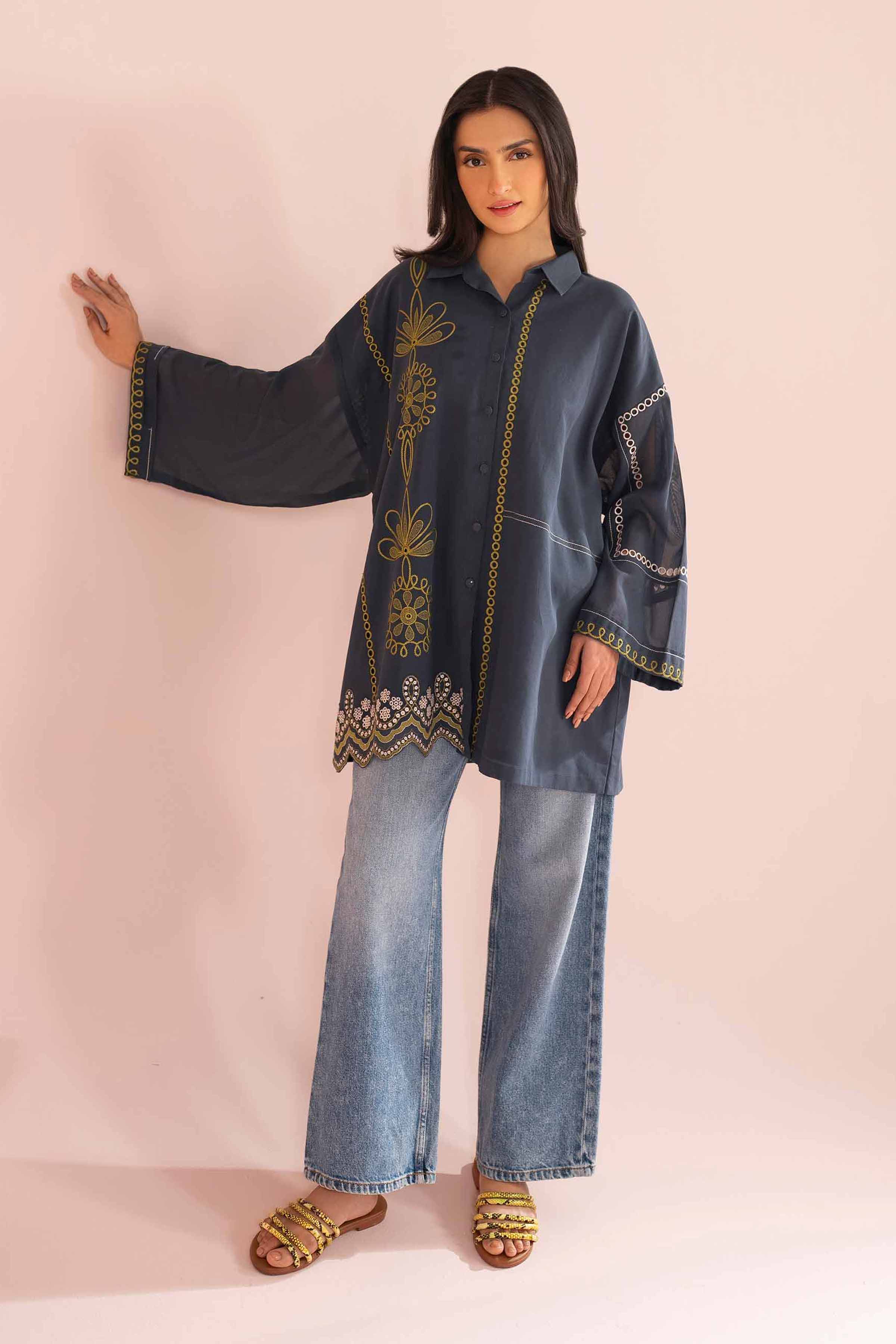 Embroidered Tunic - AS26-06 Grey Voile 1PC Embroidered READY TO WEAR