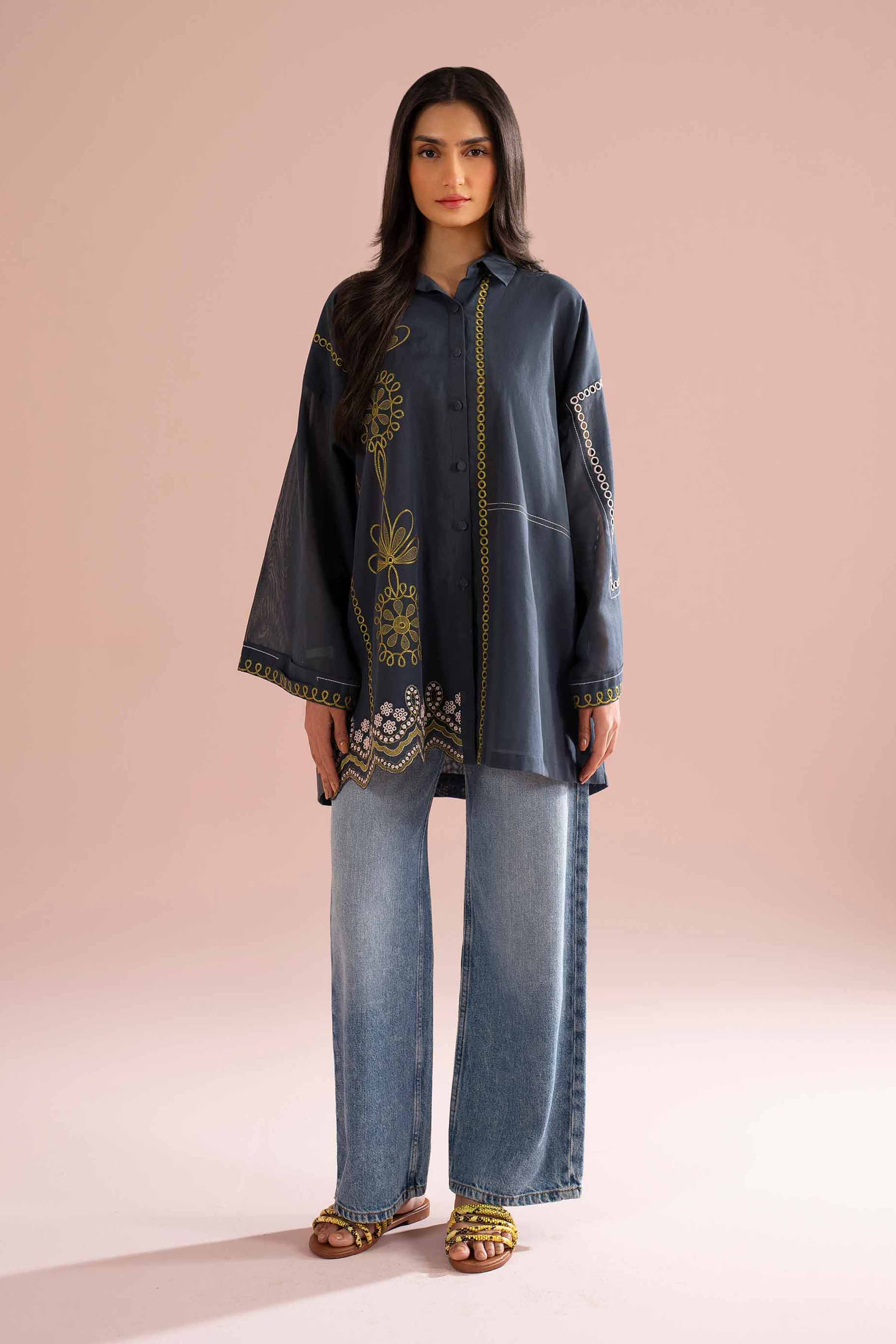 Embroidered Tunic - AS26-06 Grey Voile 1PC Embroidered READY TO WEAR