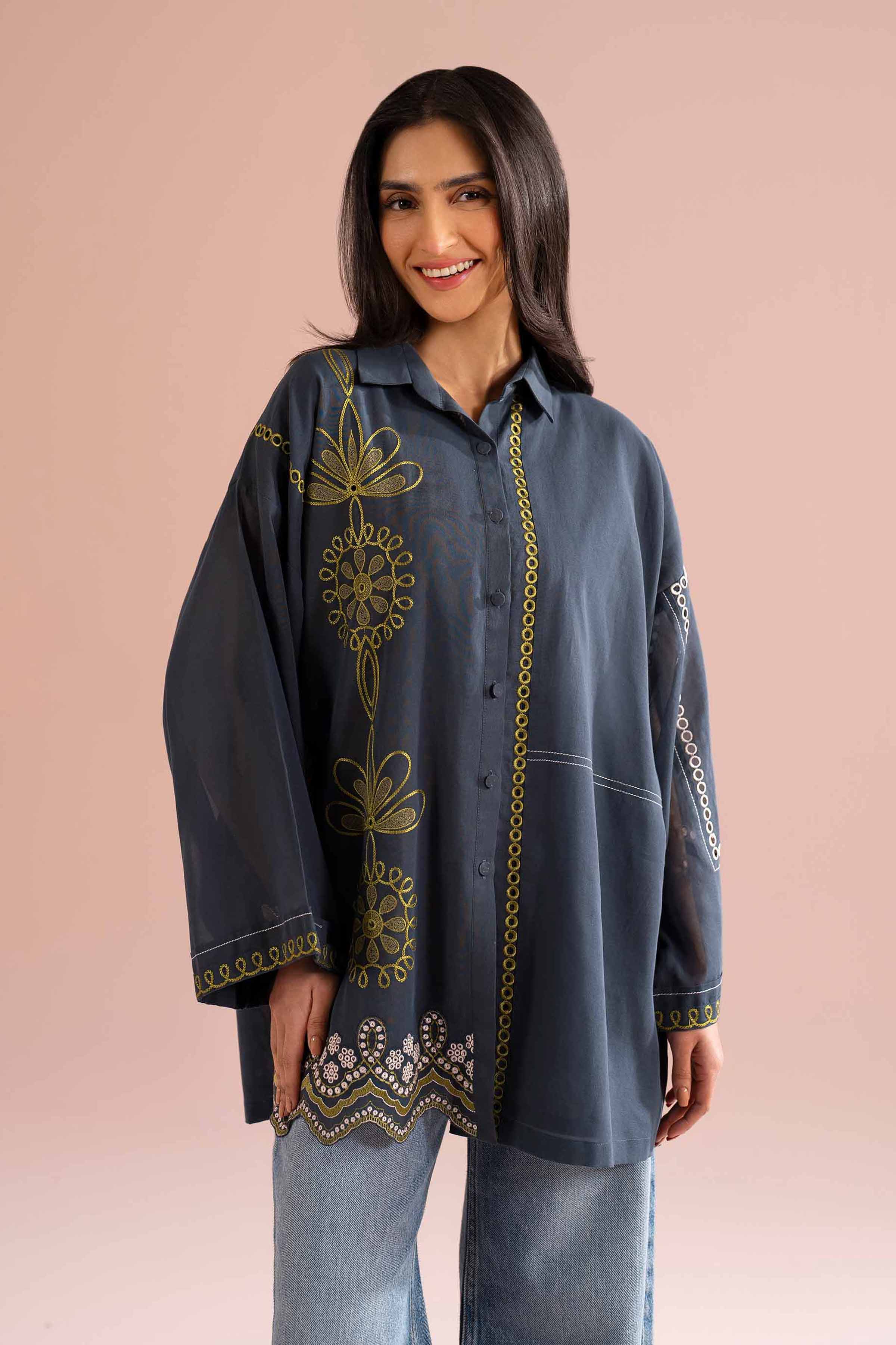 Embroidered Tunic - AS26-06 Grey Voile 1PC Embroidered READY TO WEAR