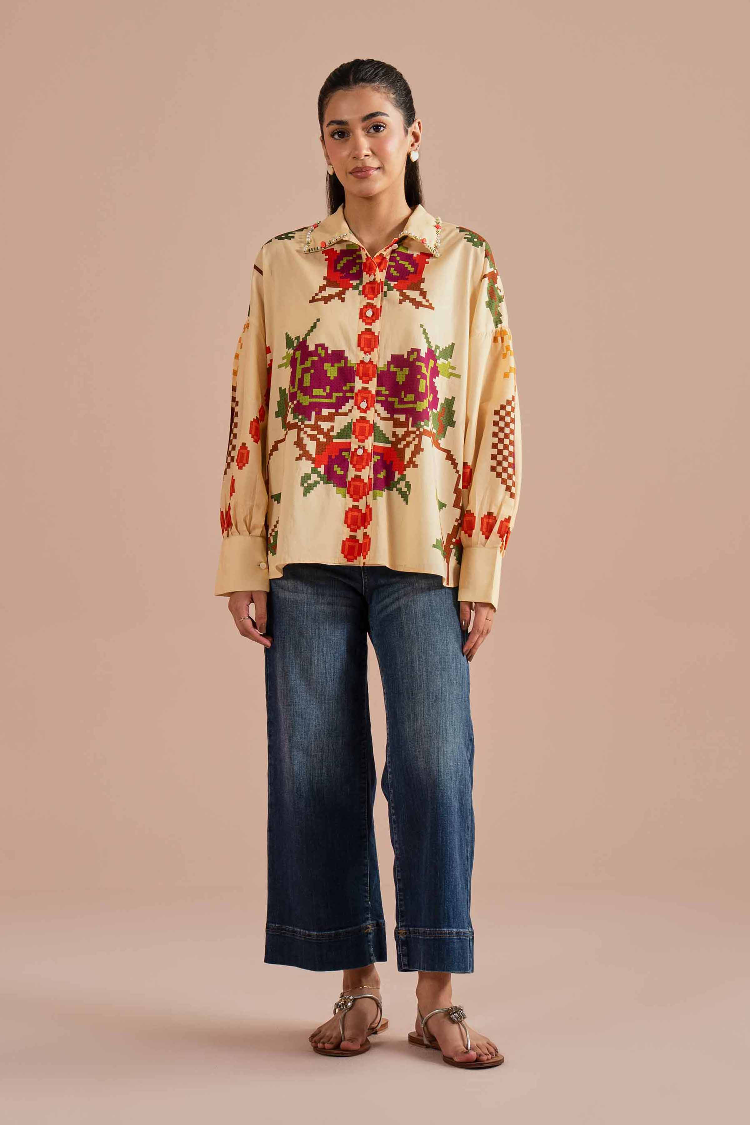 Printed Shirt- AS26-18 Beige Cambric 1PC Printed