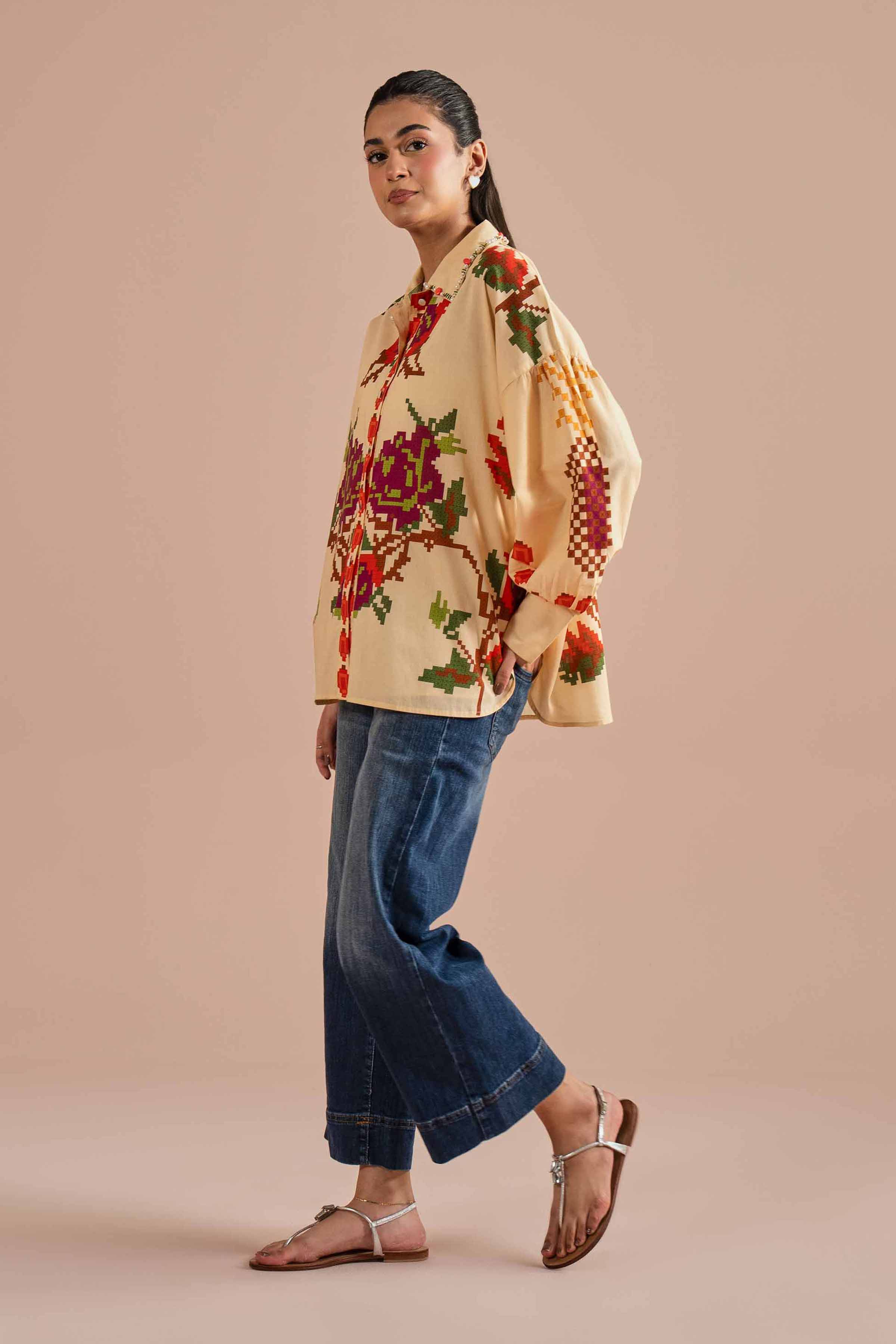 Printed Shirt- AS26-18 Beige Cambric 1PC Printed