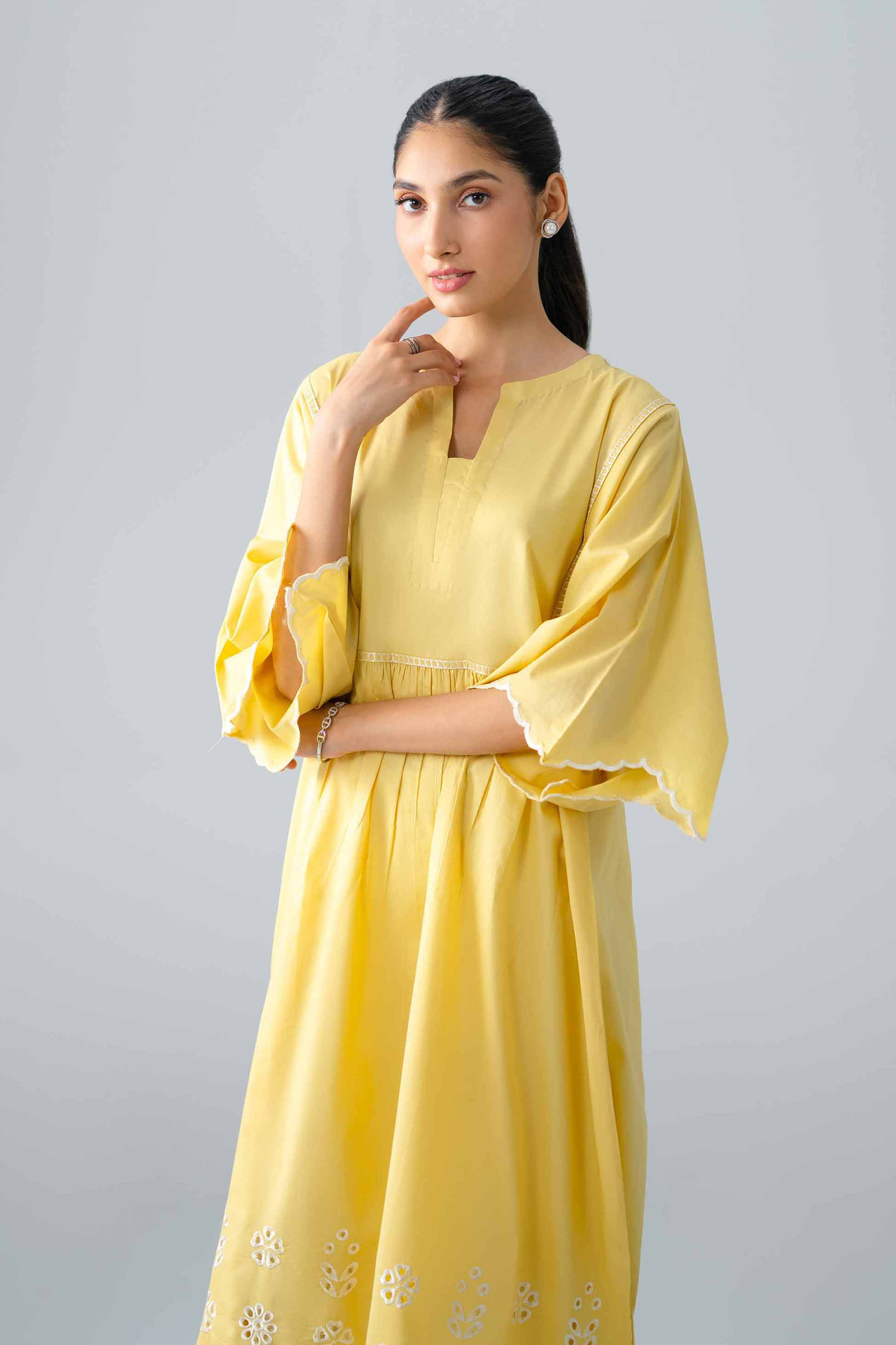 Embroidered Dress - AS26-24 Yellow Cambric 1PC Embroidered READY TO WEAR