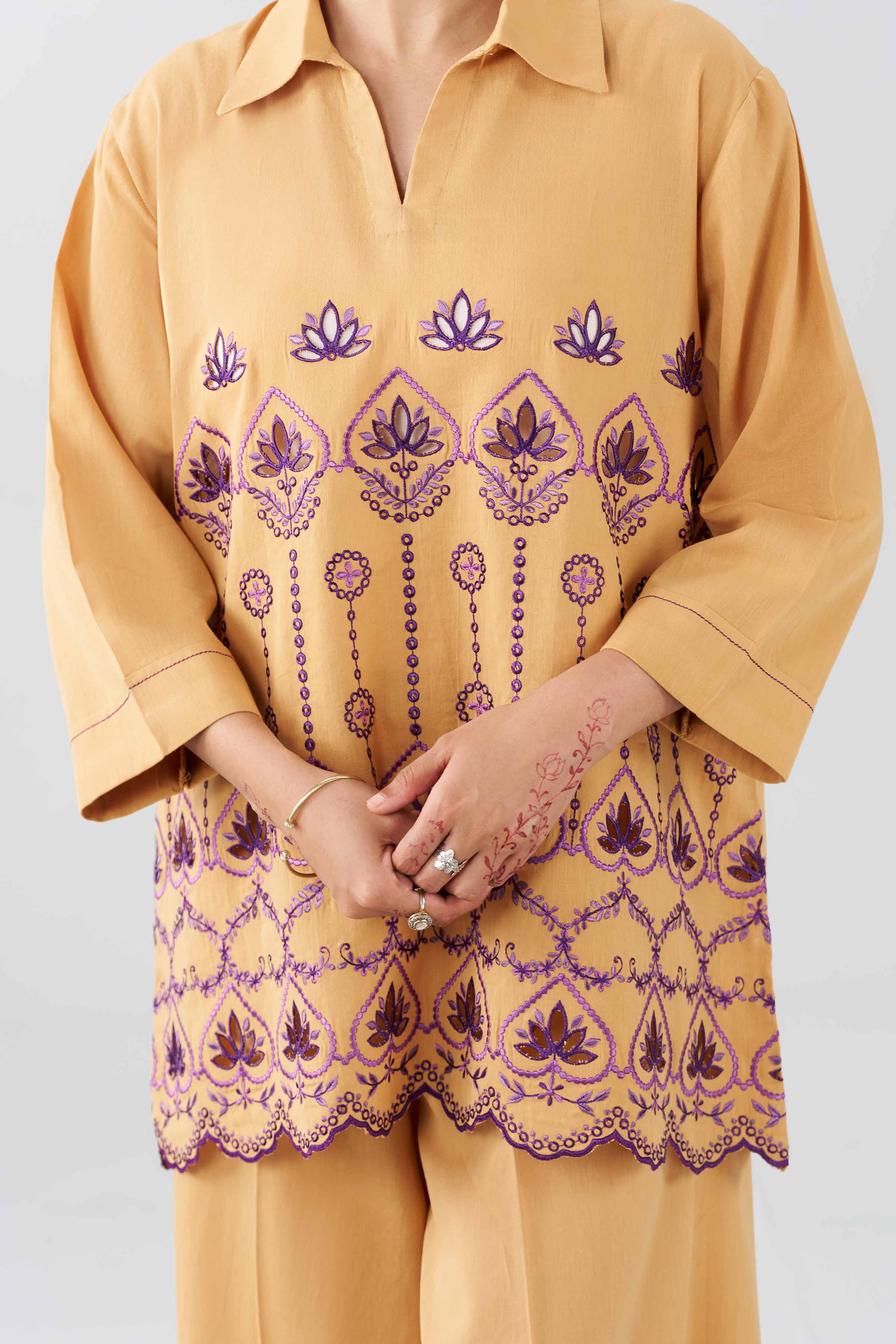 2 Piece - Embroidered Suit - AS26-28 Yellow Textured Tweed 2PC Embroidered READY TO WEAR