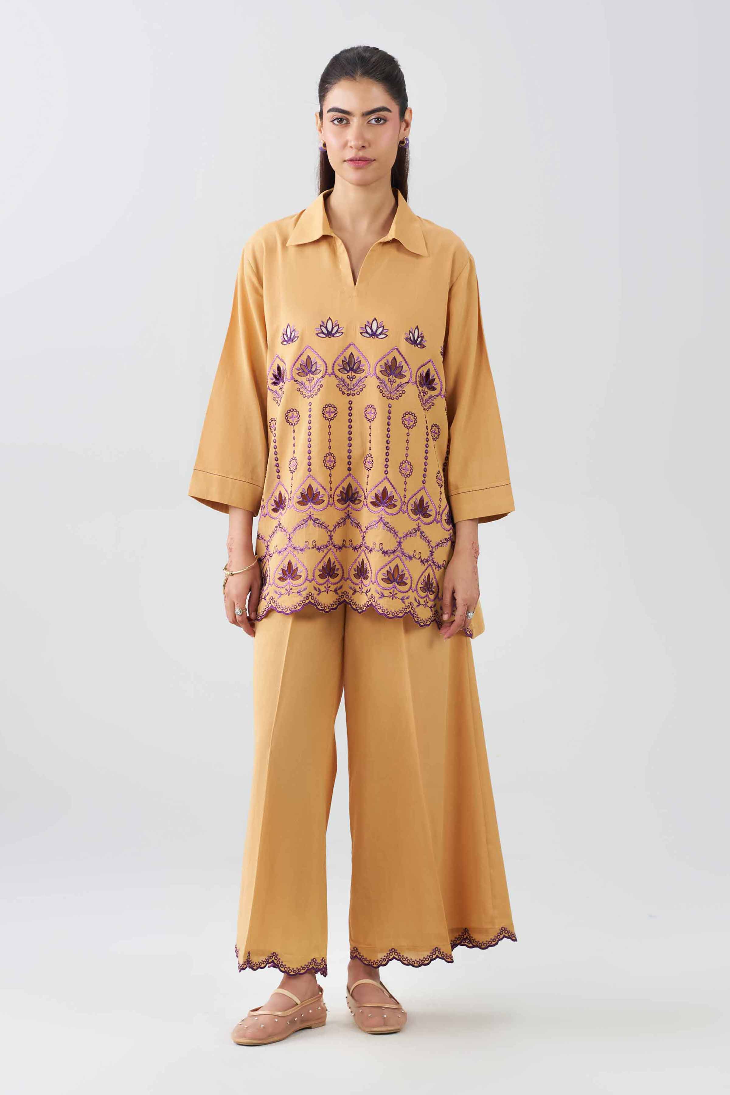 2 Piece - Embroidered Suit - AS26-28 Yellow Textured Tweed 2PC Embroidered READY TO WEAR