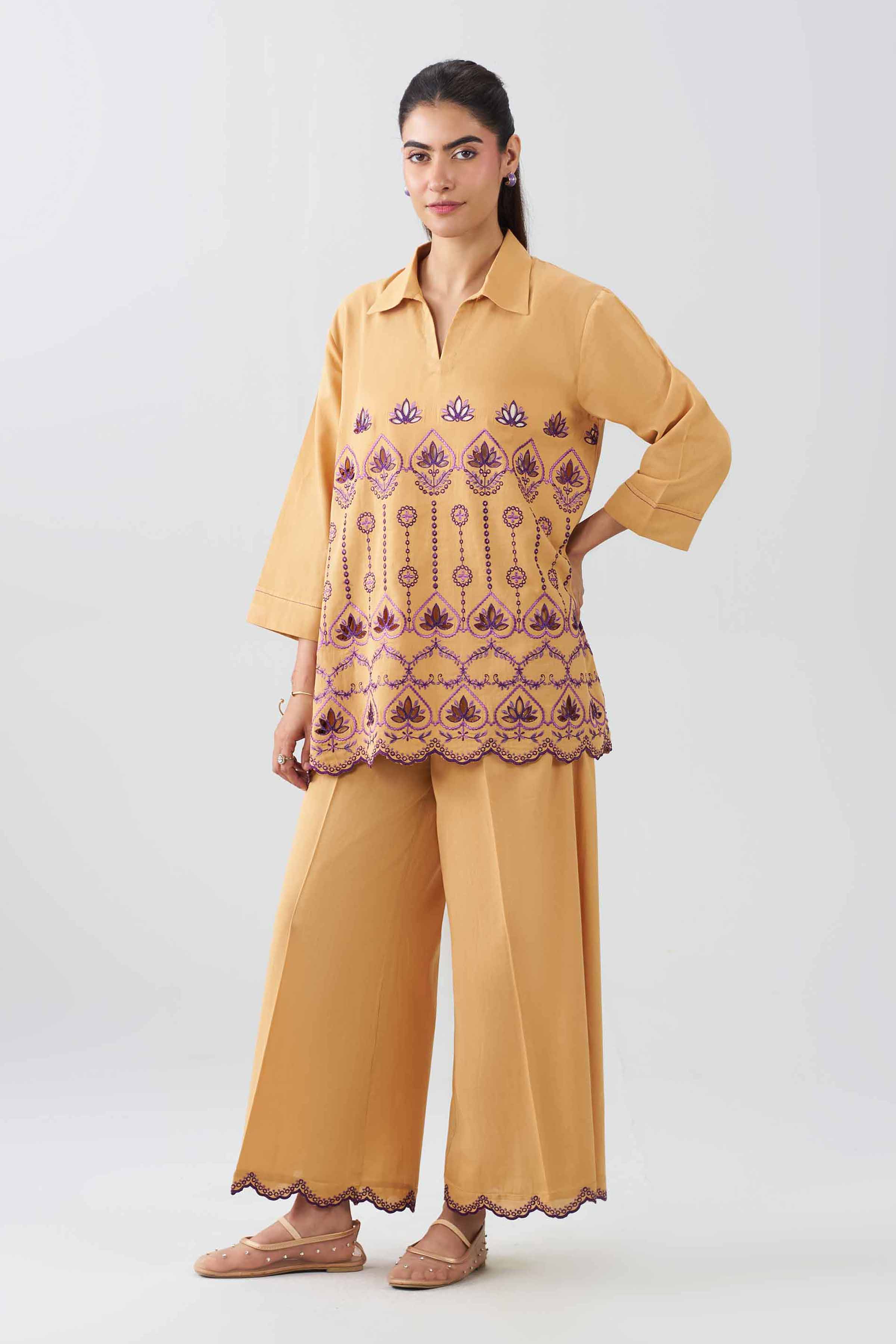 2 Piece - Embroidered Suit - AS26-28 Yellow Textured Tweed 2PC Embroidered READY TO WEAR