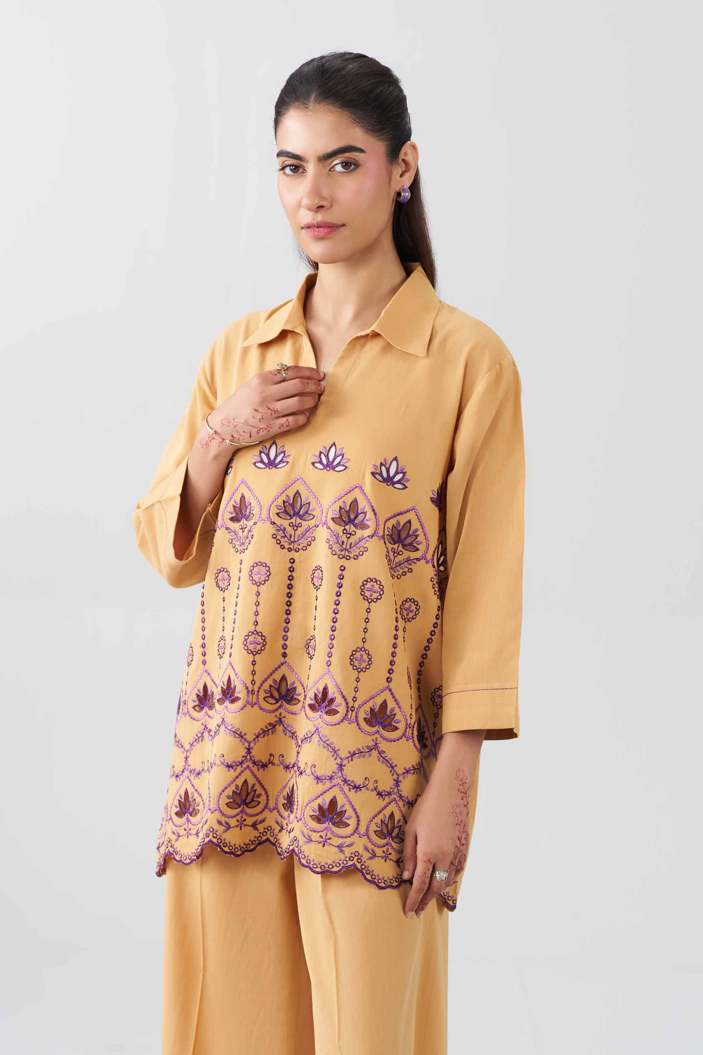 2 Piece - Embroidered Suit - AS26-28 Yellow Textured Tweed 2PC Embroidered READY TO WEAR