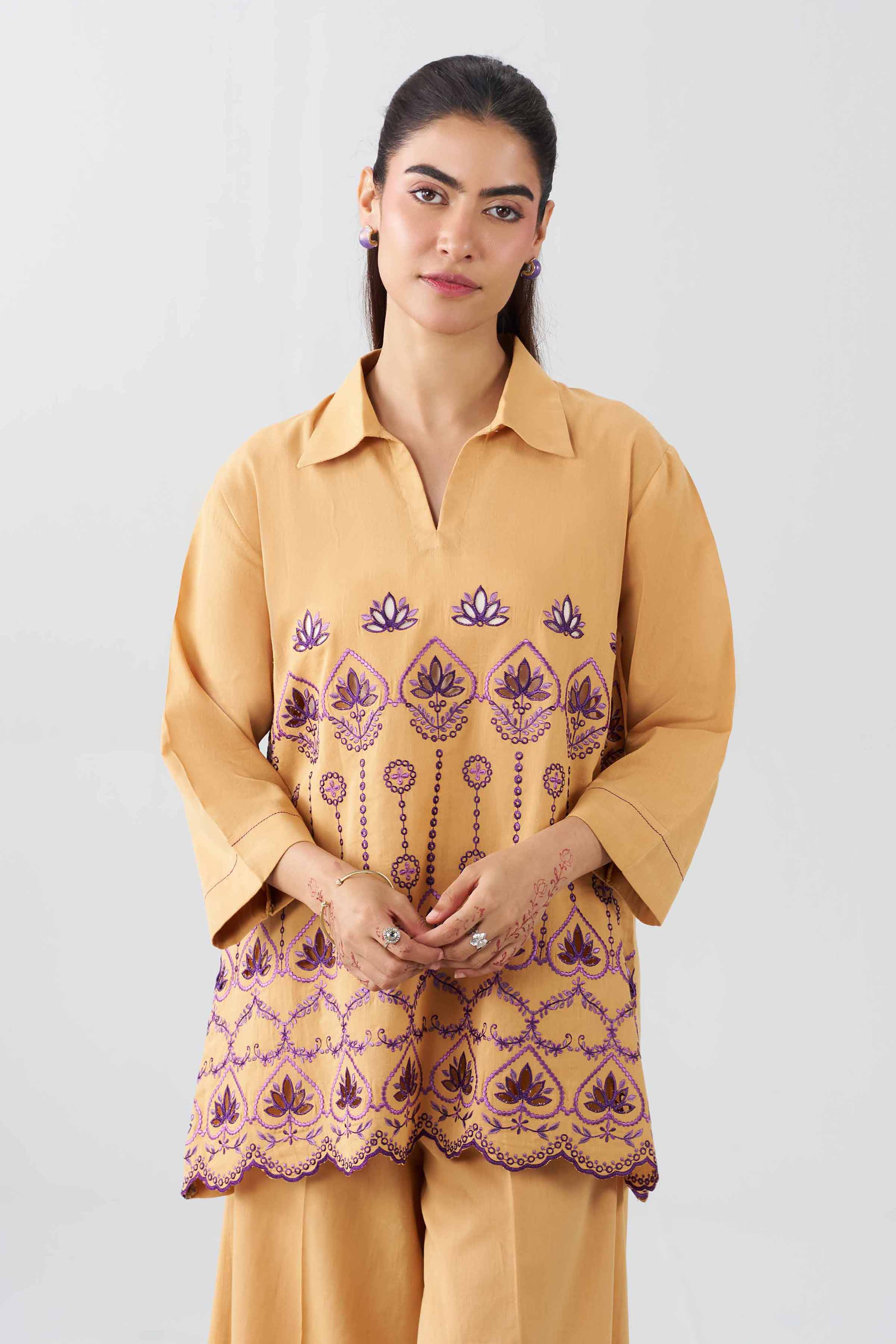 2 Piece - Embroidered Suit - AS26-28 Yellow Textured Tweed 2PC Embroidered READY TO WEAR