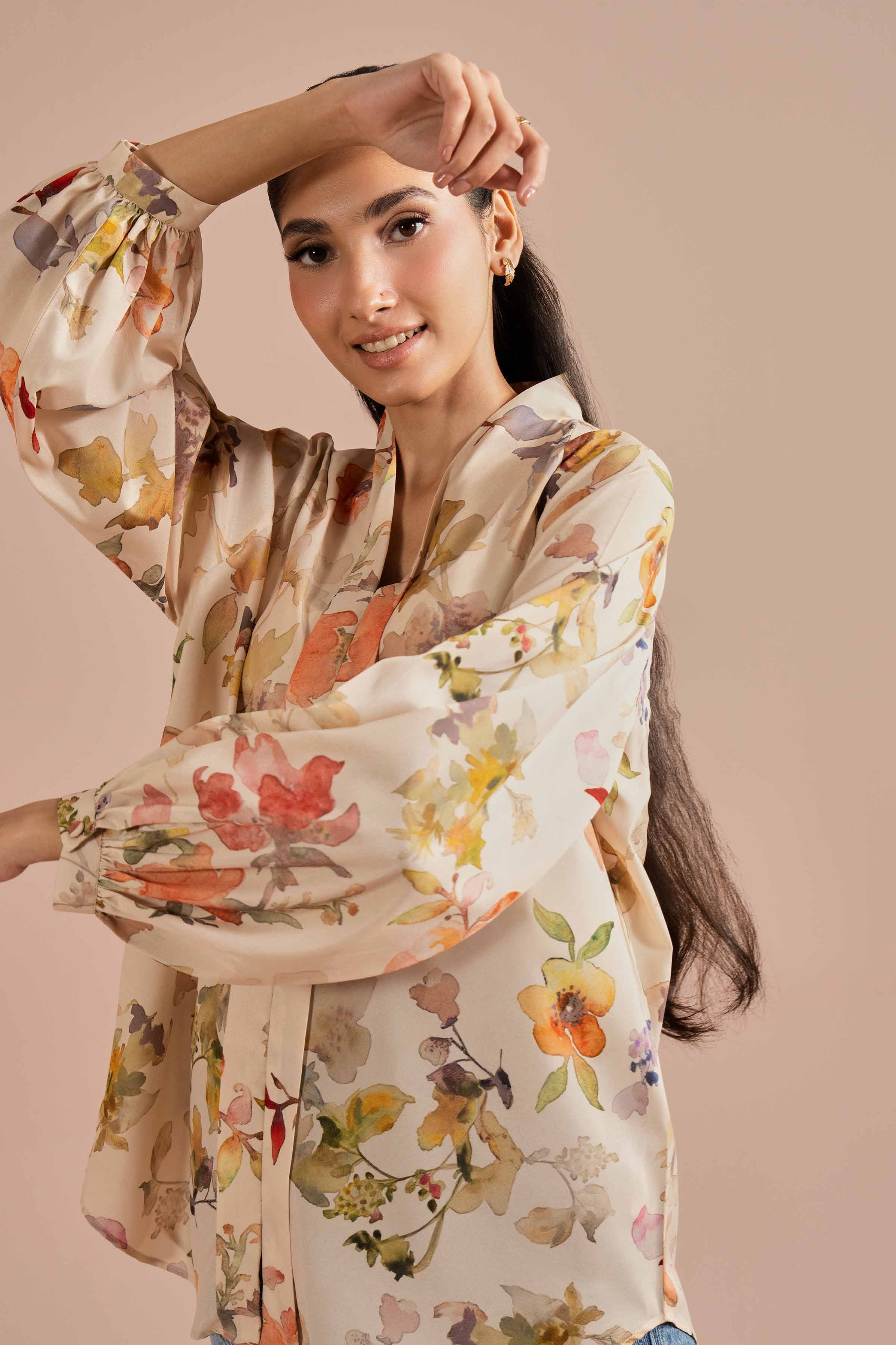 Printed Tunic - AS26-31 Beige Silk 1PC Printed READY TO WEAR