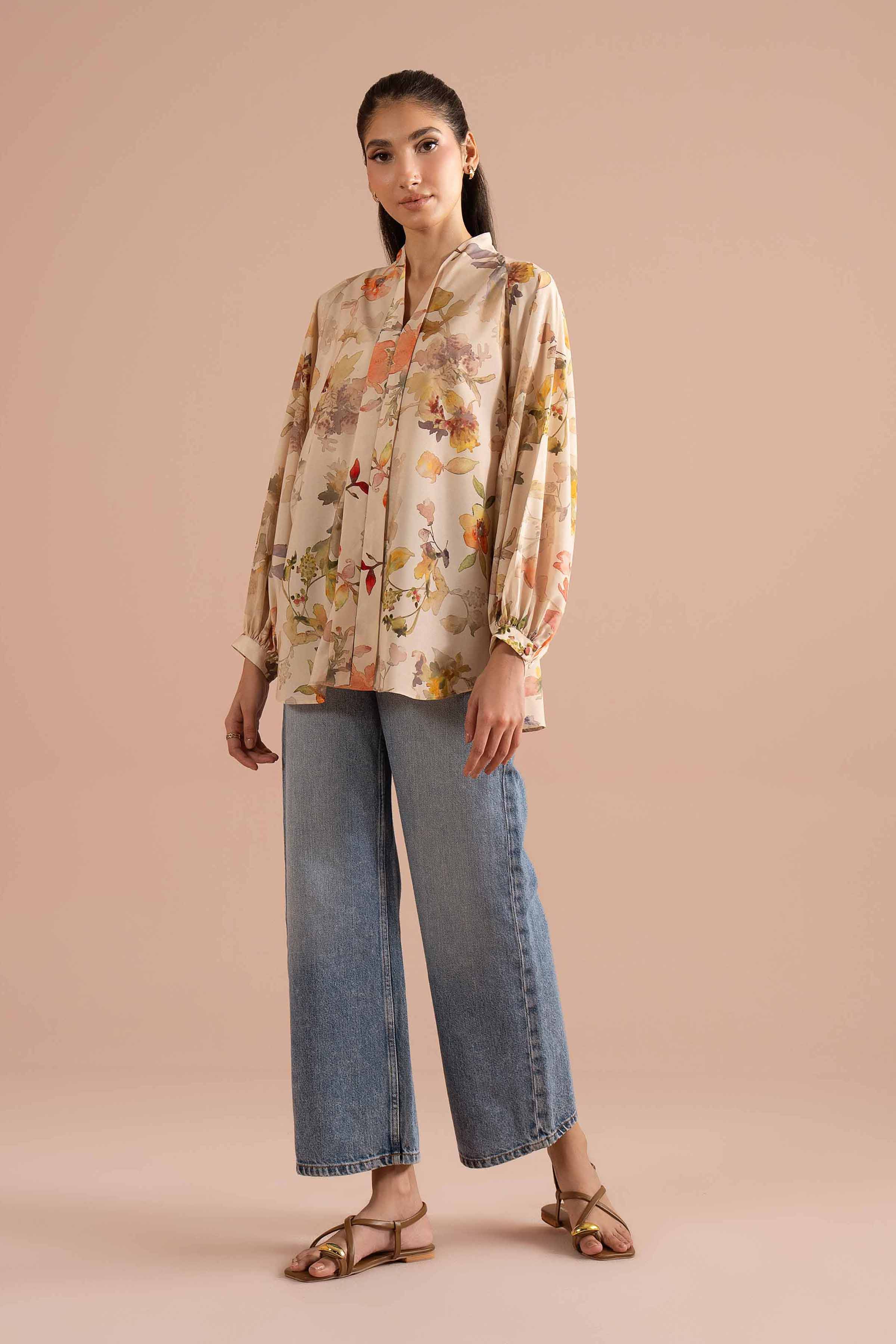 Printed Tunic - AS26-31 Beige Silk 1PC Printed READY TO WEAR