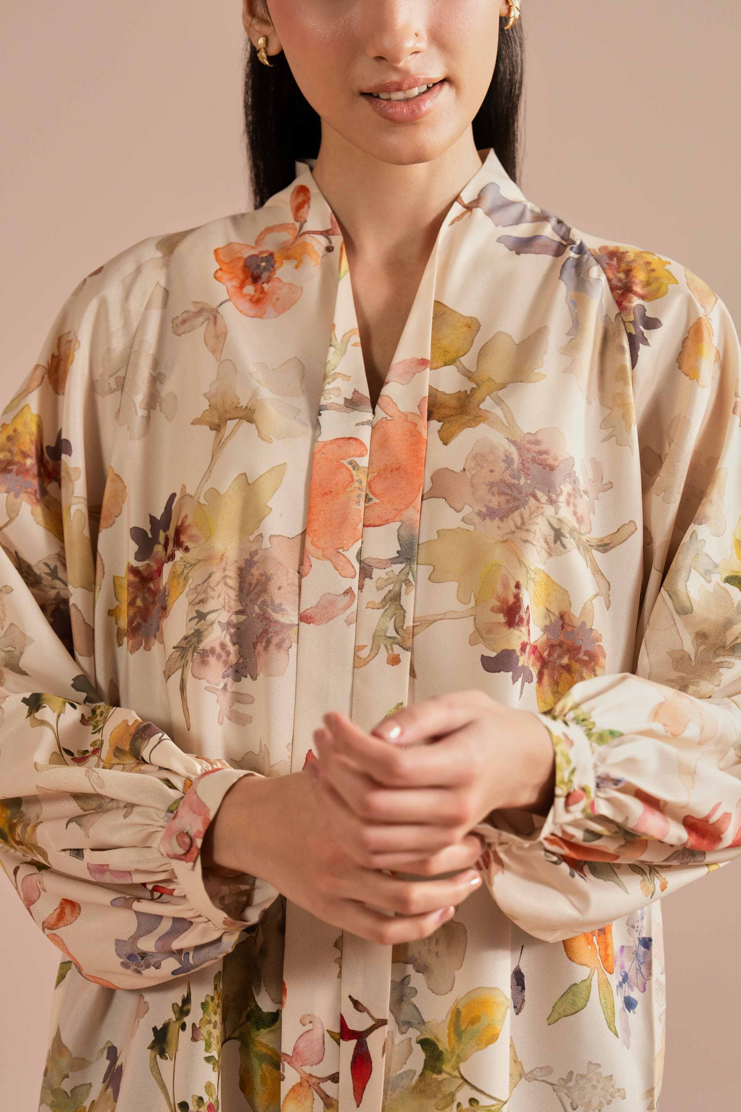 Printed Tunic - AS26-31 Beige Silk 1PC Printed READY TO WEAR