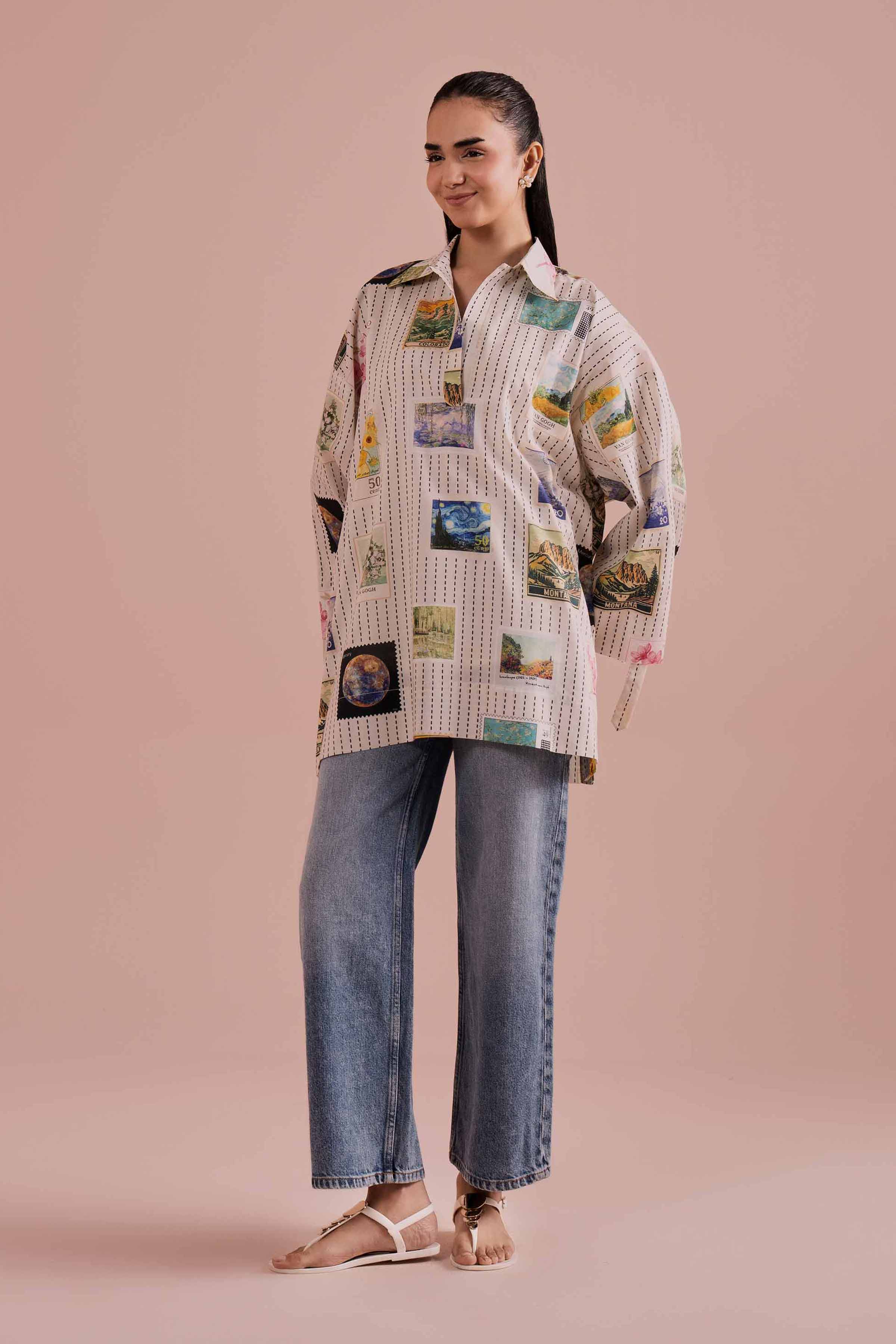 Printed Tunic - AS26-33 White Cambric 1PC Printed READY TO WEAR