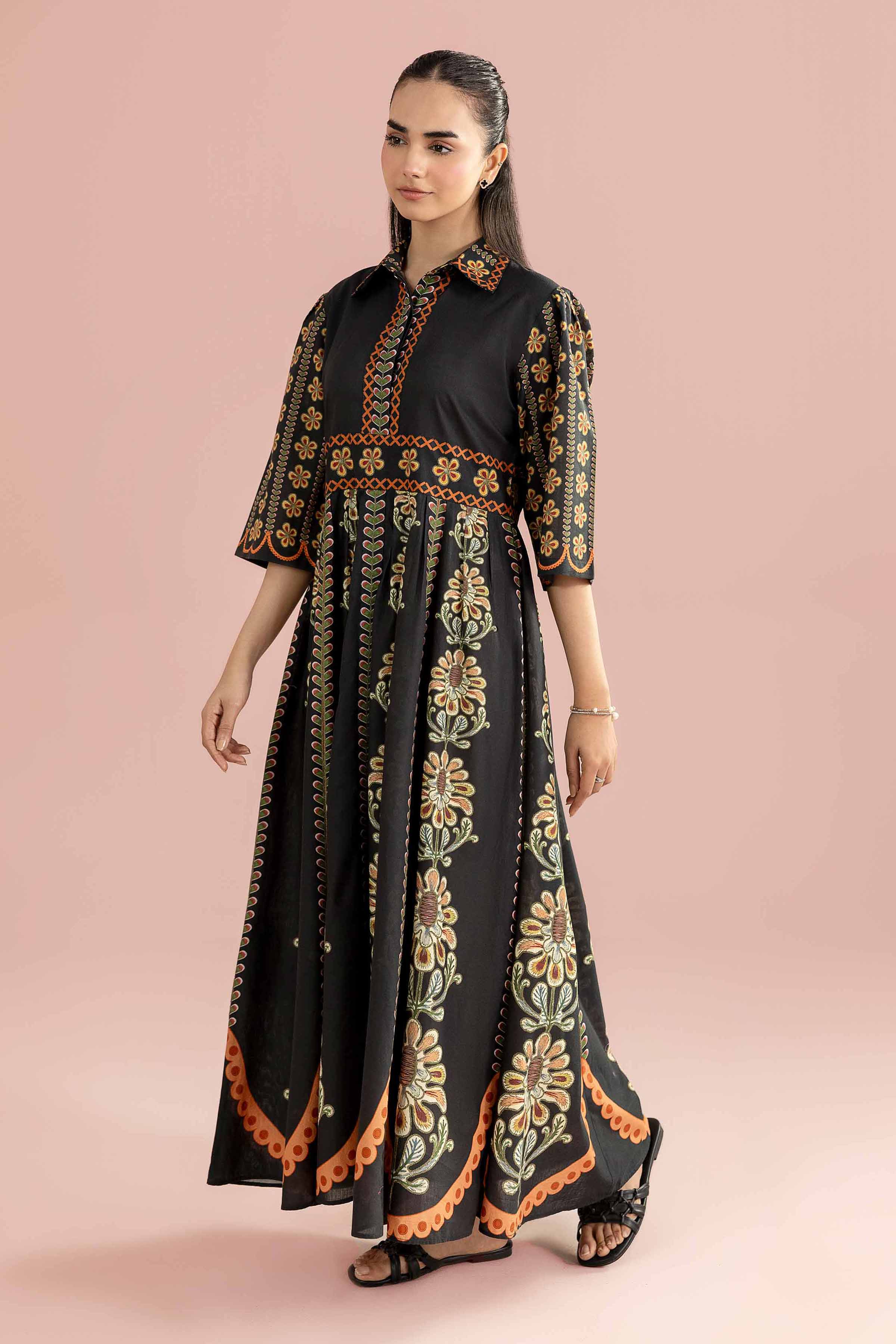 Printed Dress - AS26-34 Black Cambric 1PC Printed READY TO WEAR